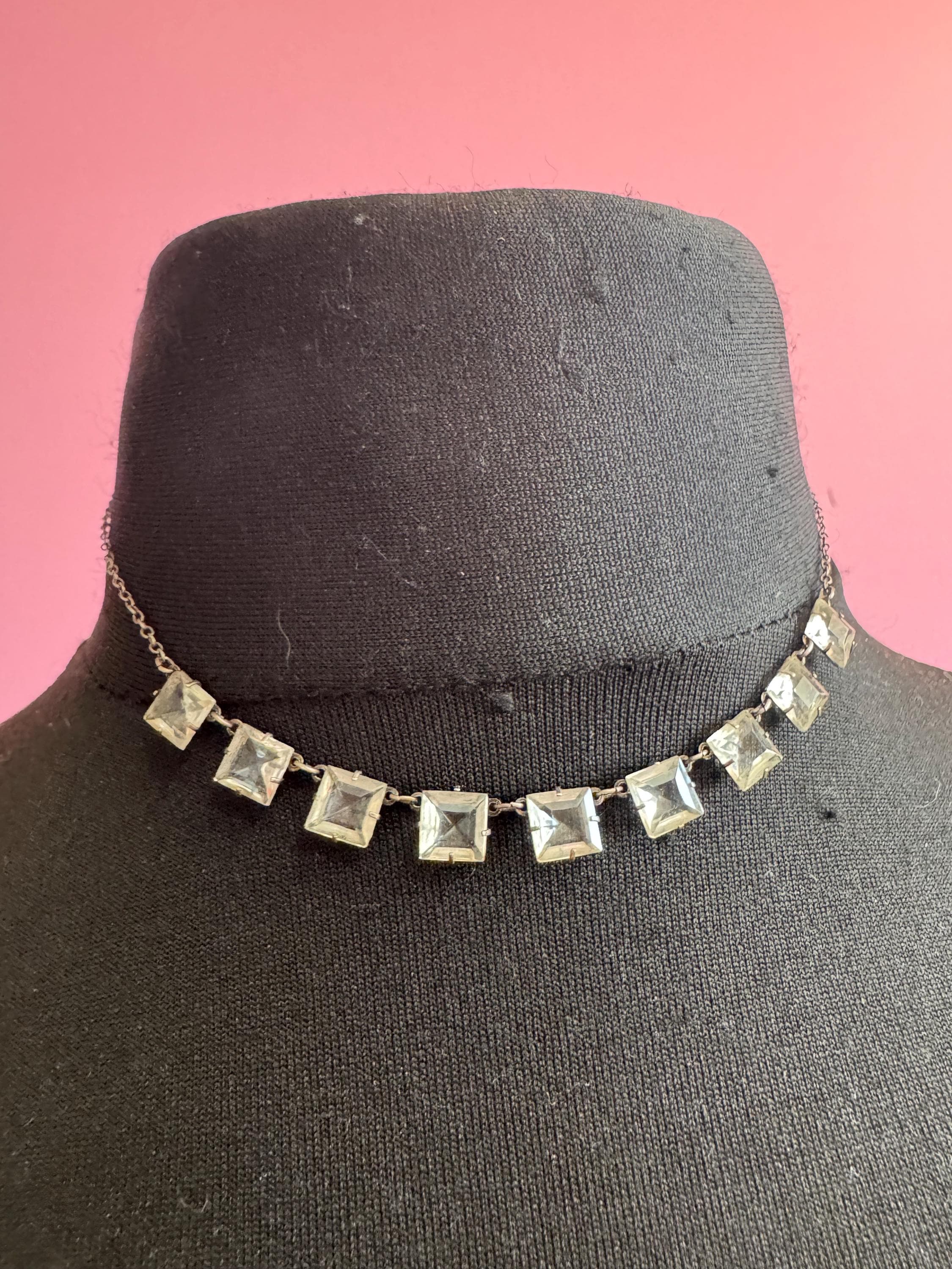 Edwardian open back clear crystal necklace, white metal bezel set