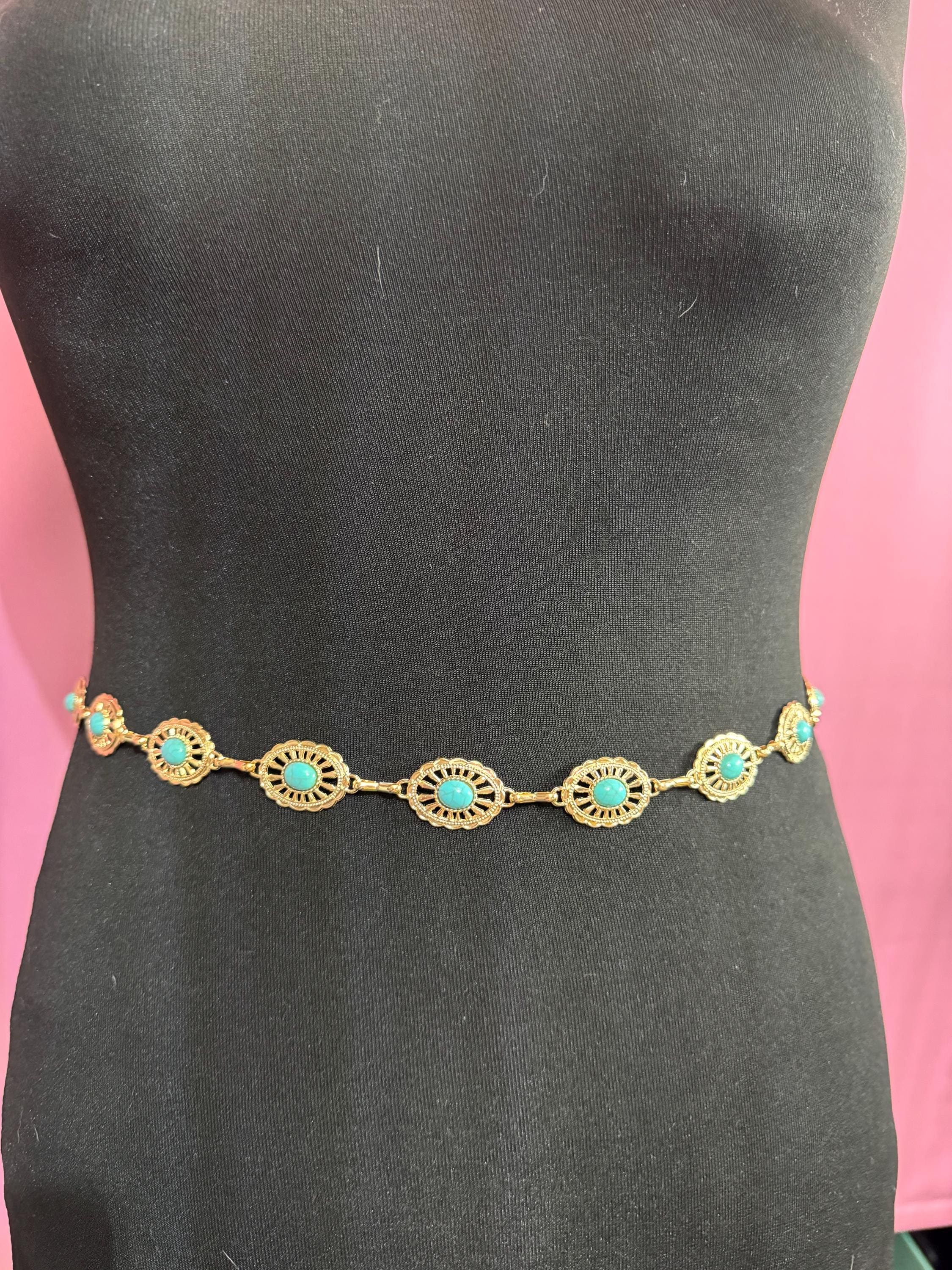Turquoise set Gold panel link chain belt,  fits 70-115 cm waist vintage fashion