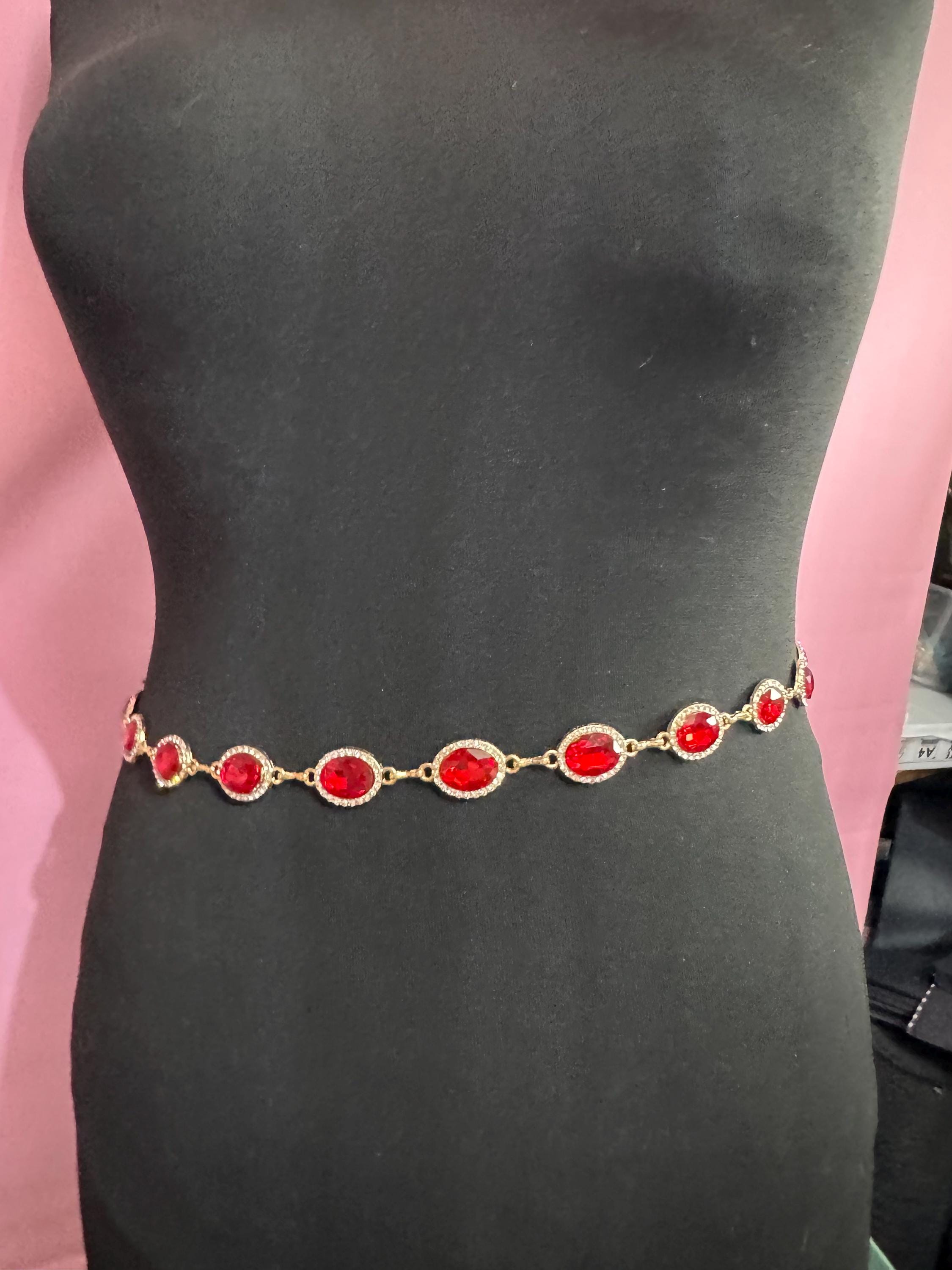 Ruby set Gold panel link chain belt,  fits to 114 cm waist red rhinestone vintage fashion