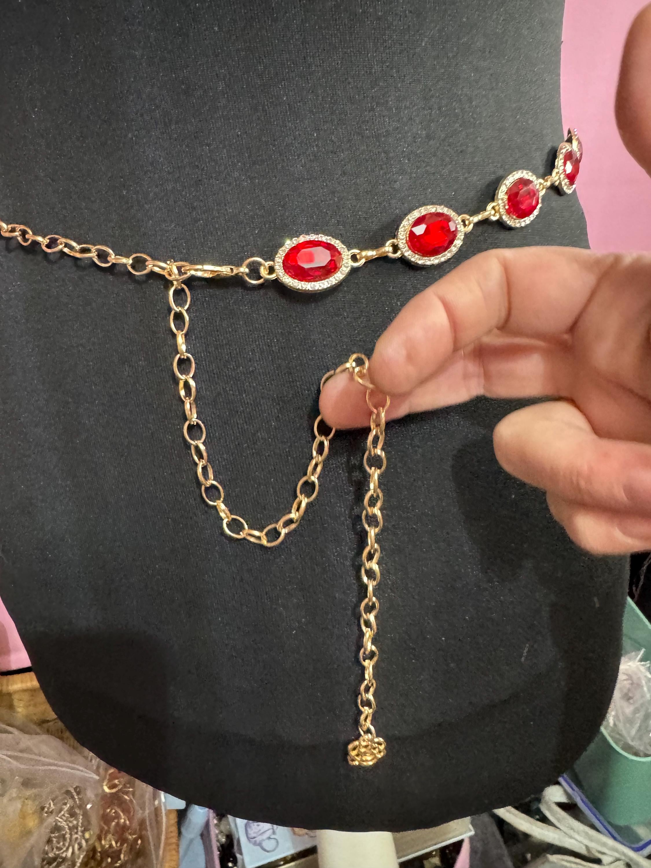 Ruby set Gold panel link chain belt,  fits to 114 cm waist red rhinestone vintage fashion