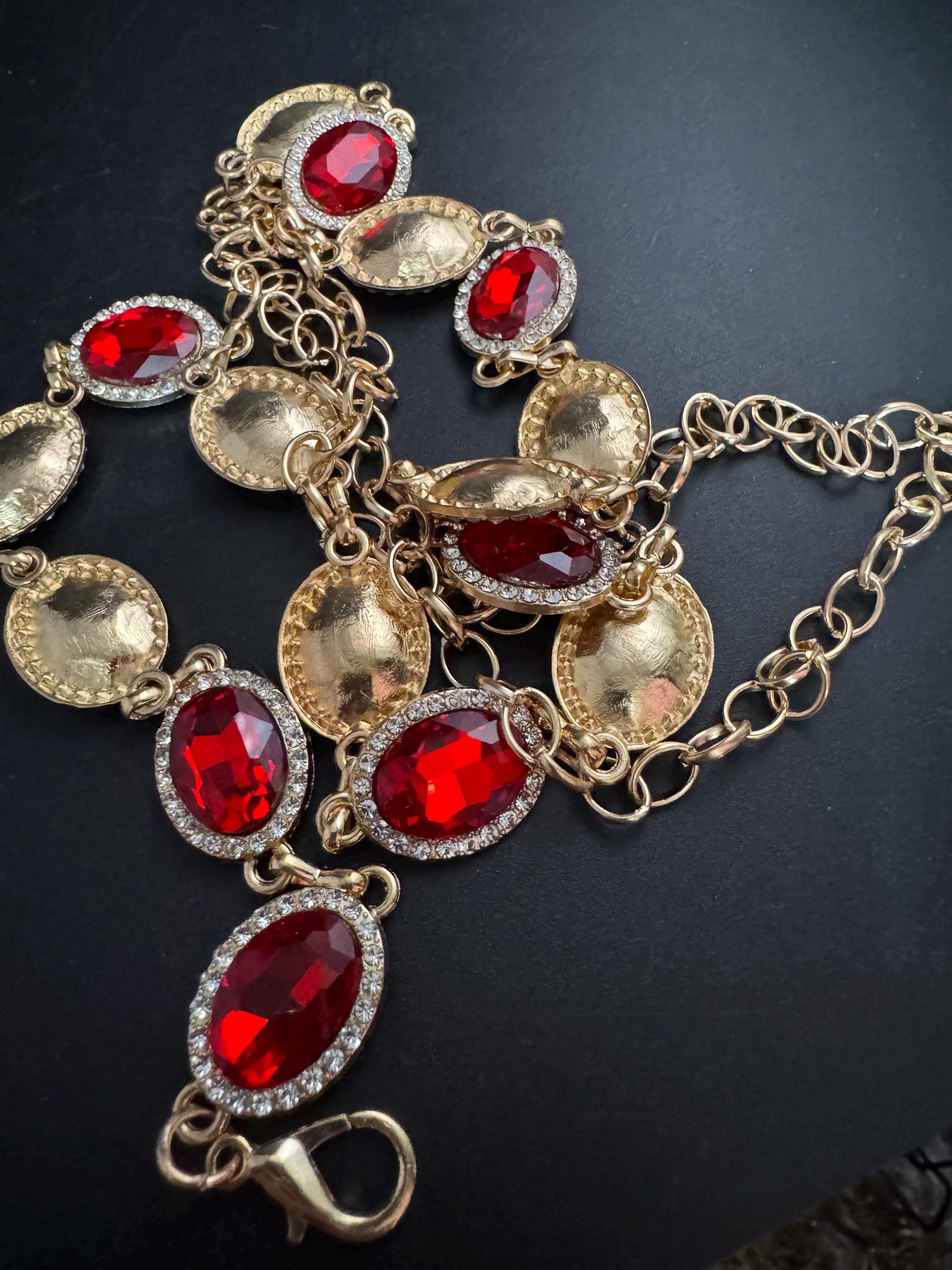 Ruby set Gold panel link chain belt,  fits to 114 cm waist red rhinestone vintage fashion