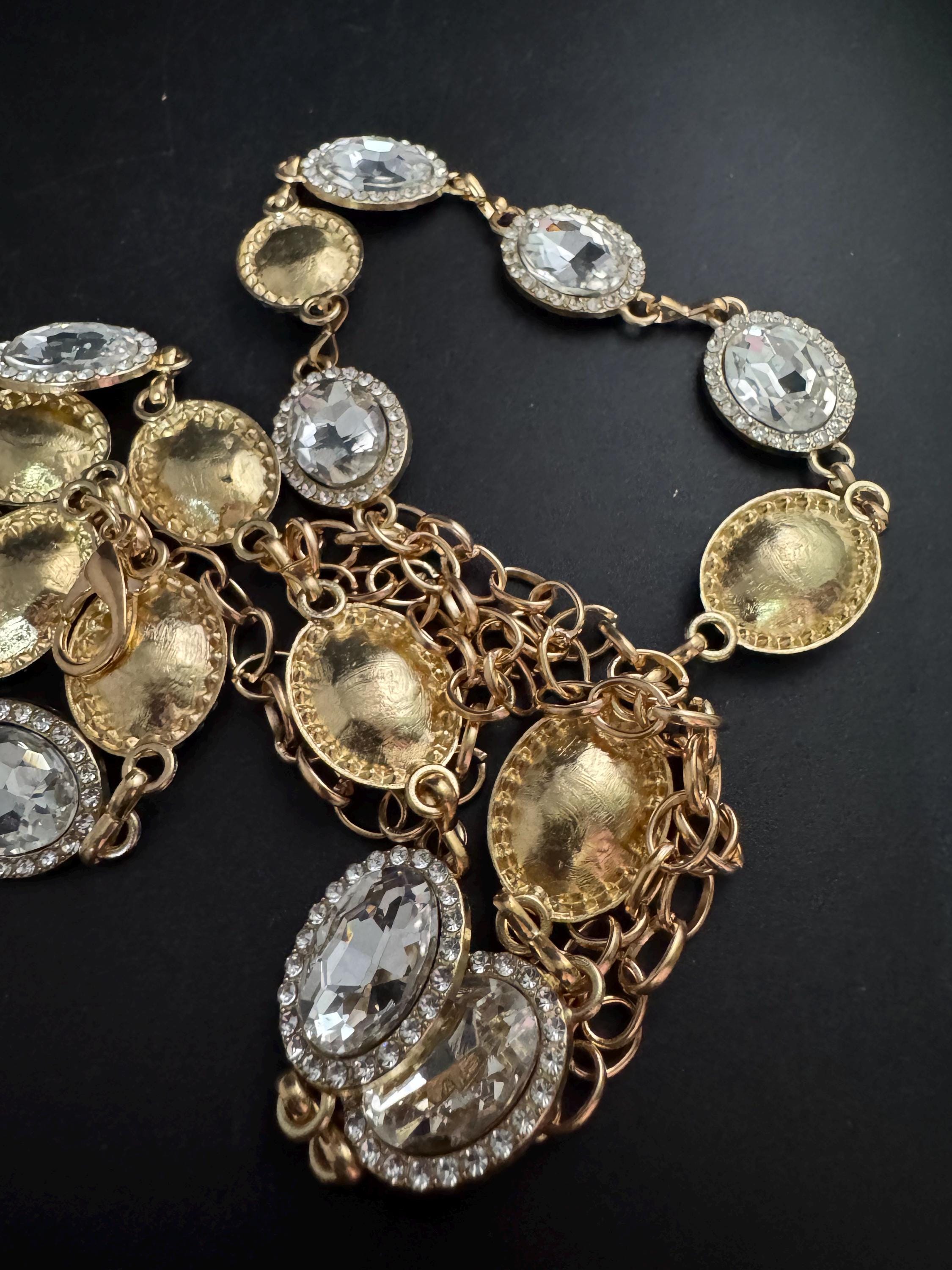 Diamante Gold panel link chain belt,  fits to 114 cm waist clear rhinestone vintage fashion