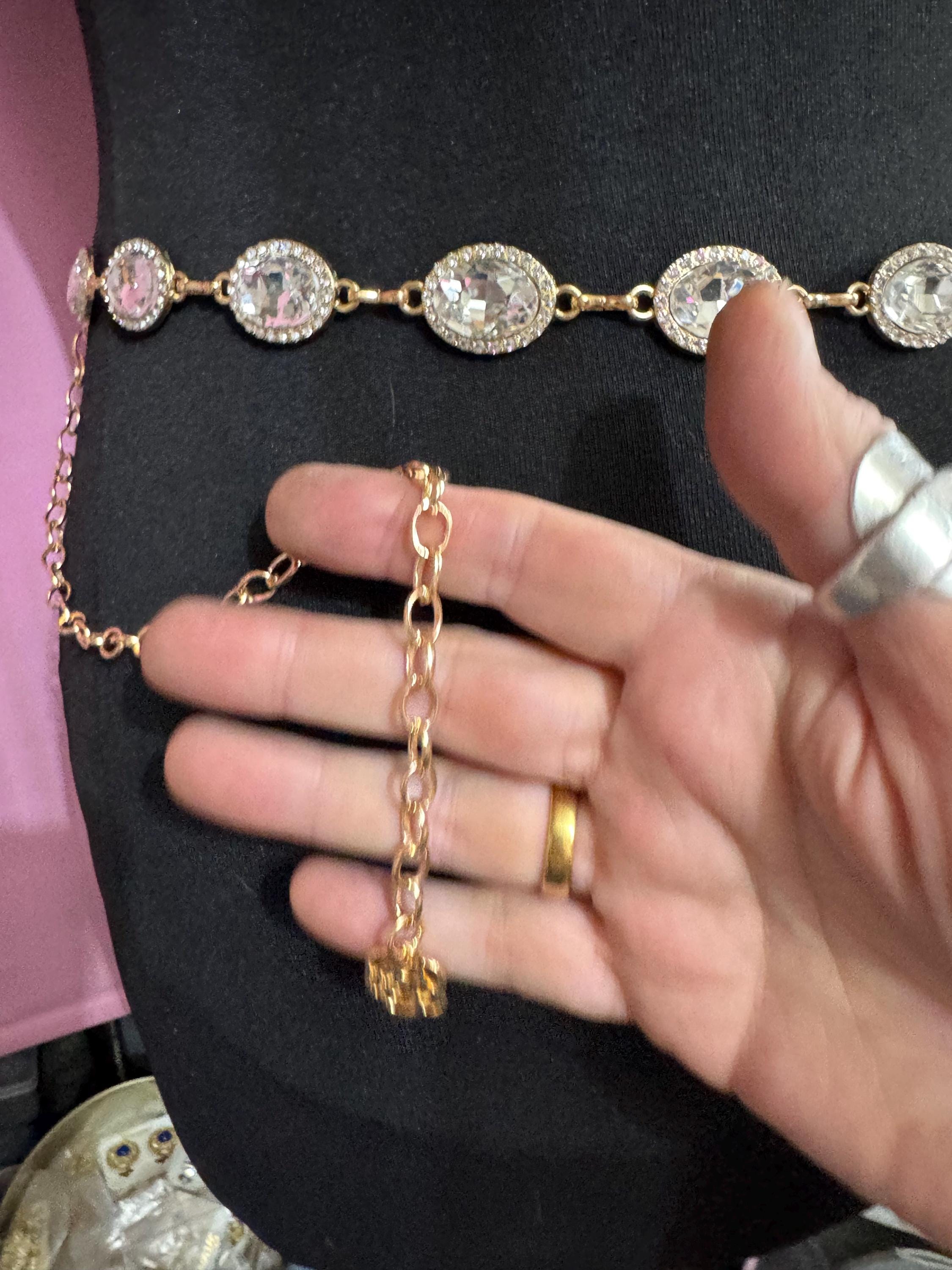 Diamante Gold panel link chain belt,  fits to 114 cm waist clear rhinestone vintage fashion