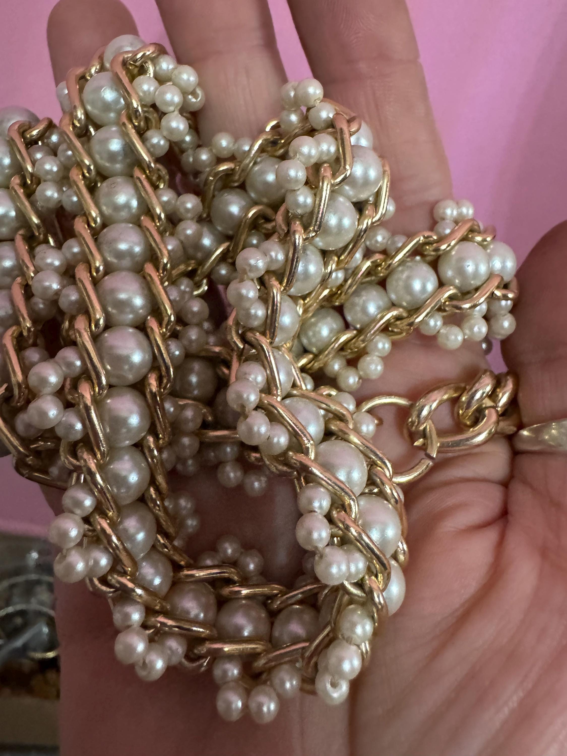 beaded Pearl chain belt, fits 77-91cm Vintage gold tone