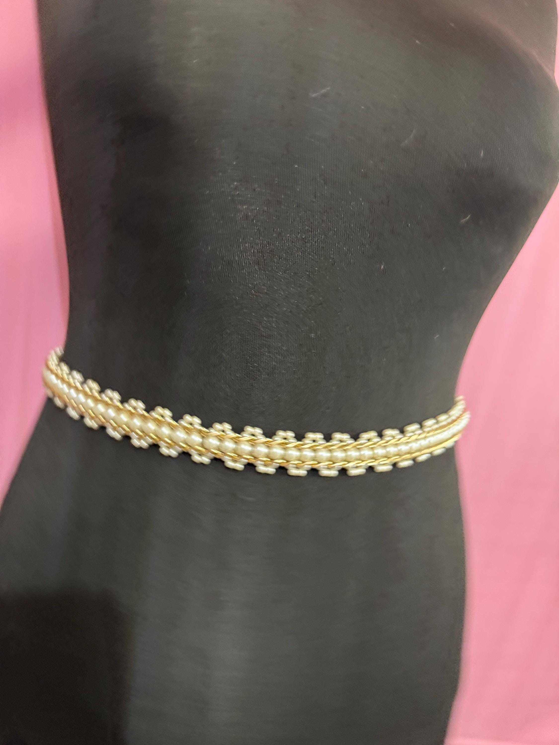 beaded Pearl chain belt, fits 77-91cm Vintage gold tone