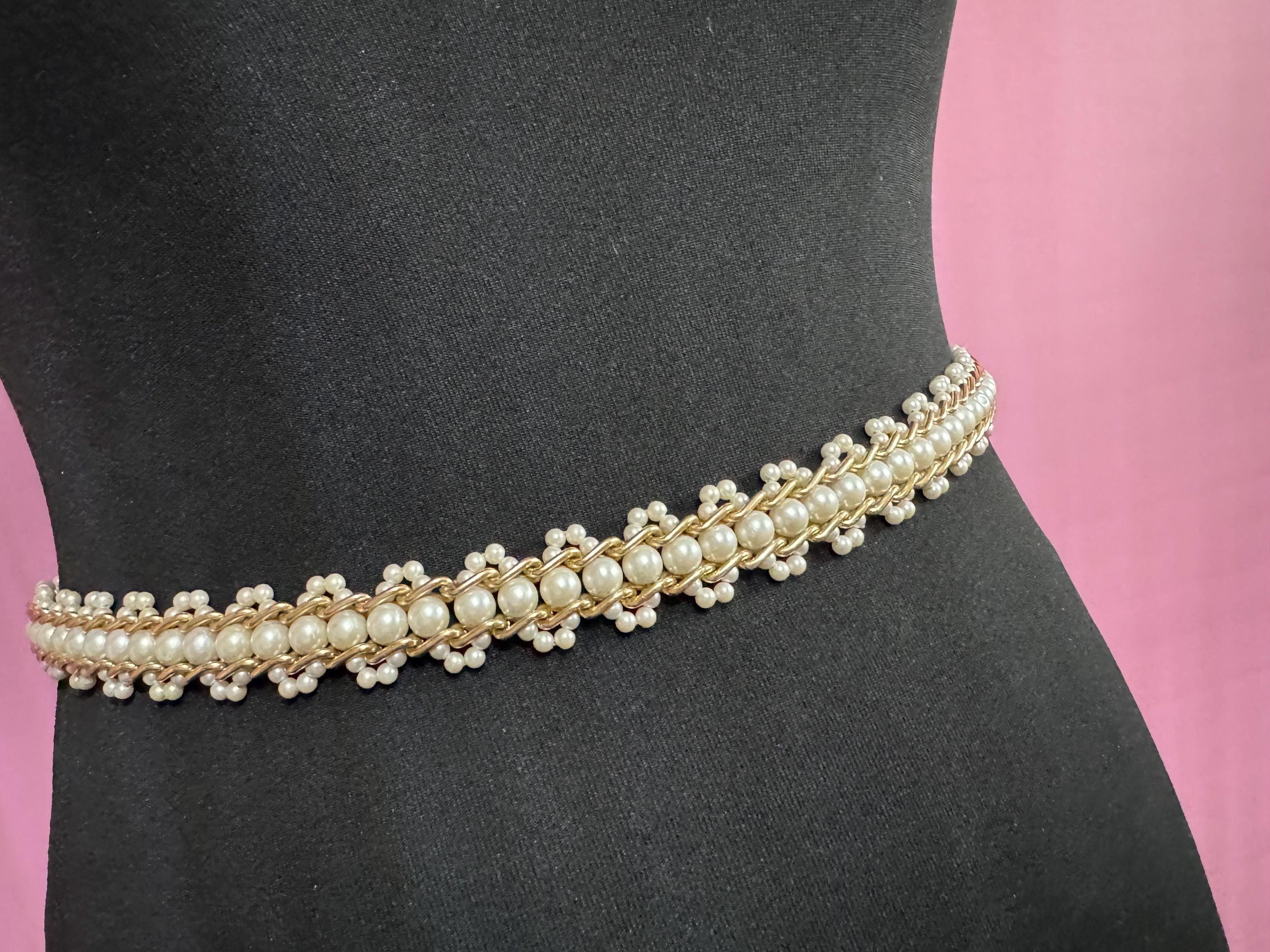 beaded Pearl chain belt, fits 77-91cm Vintage gold tone