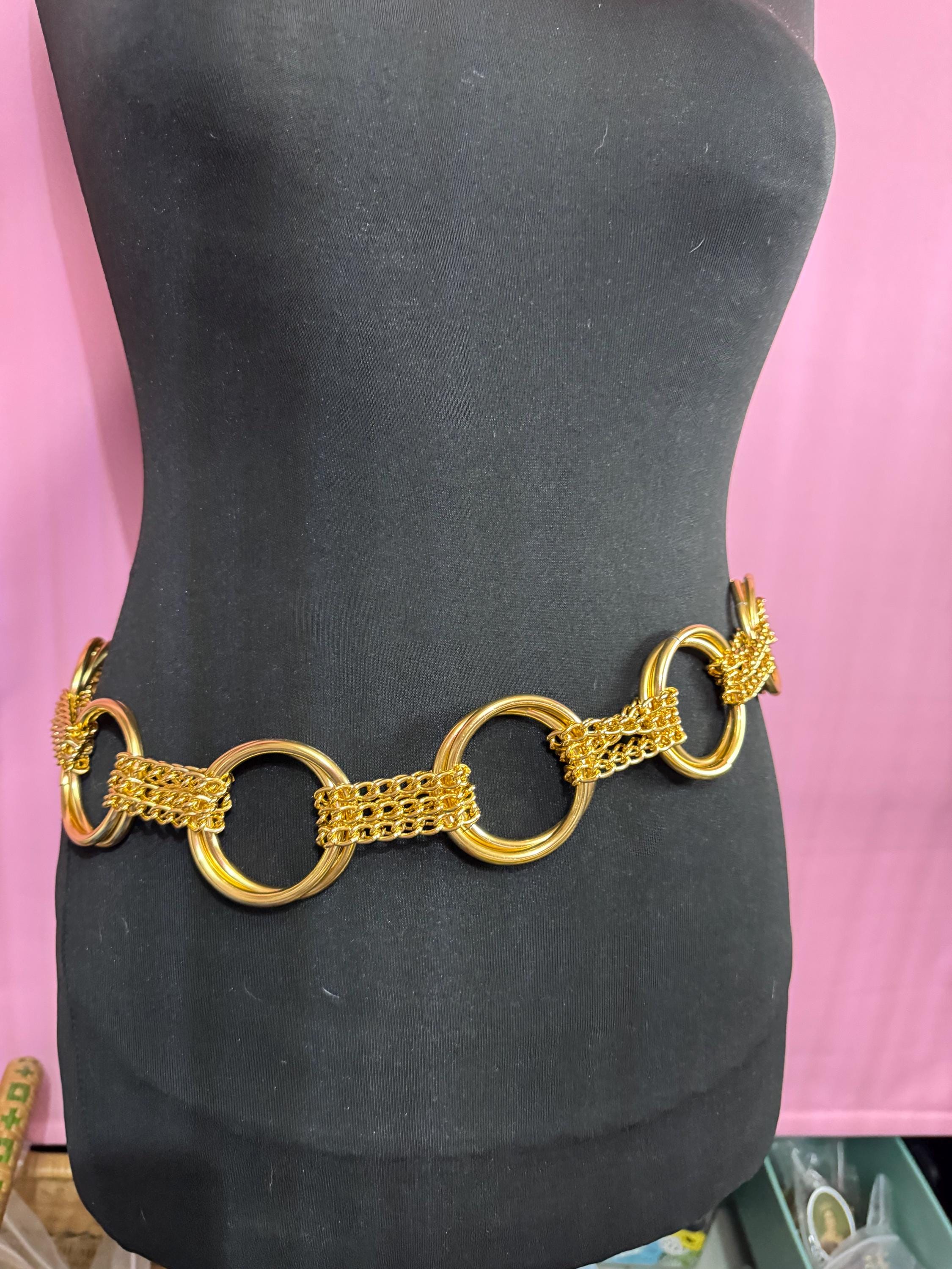 gold big hoop link chain belt, fits 85 to 109cm chunky loops vintage fashion