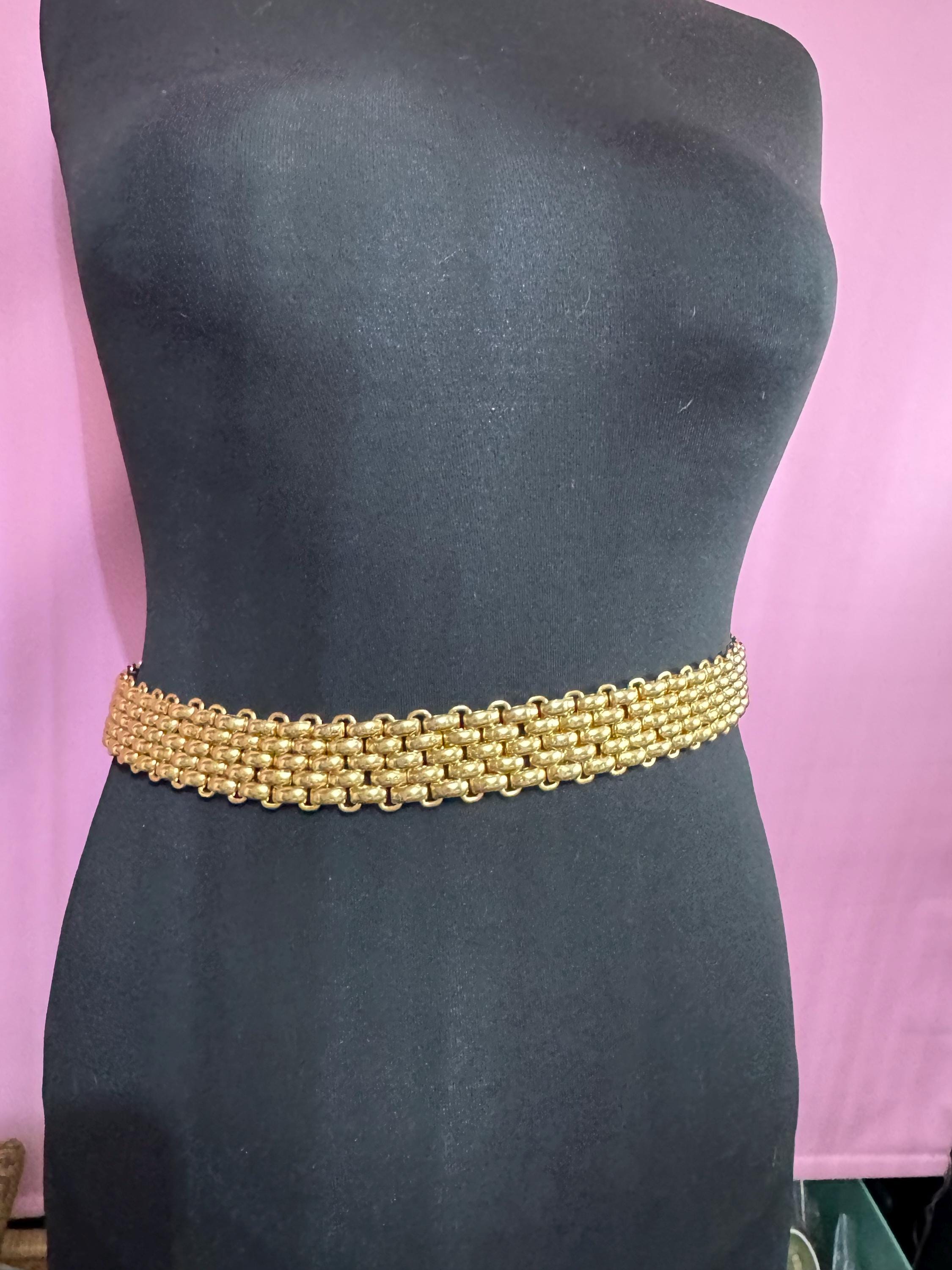 gold panther link chain belt, fits 84 to 97cm articulated brick link 1980s vintage fashion