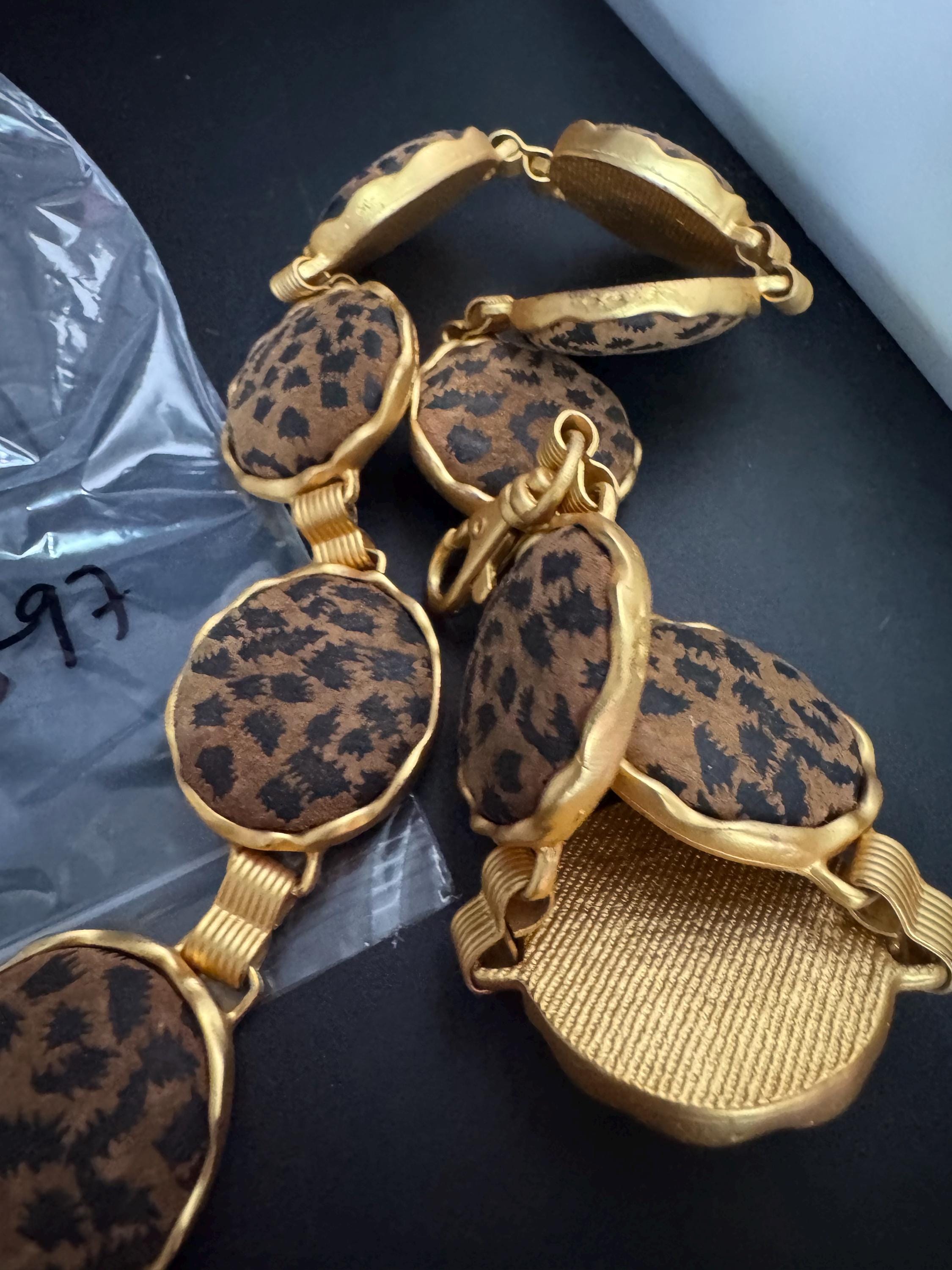 Matt gold animal print chain belt, fits 83 to 97cm chunky brown panel retro fashion