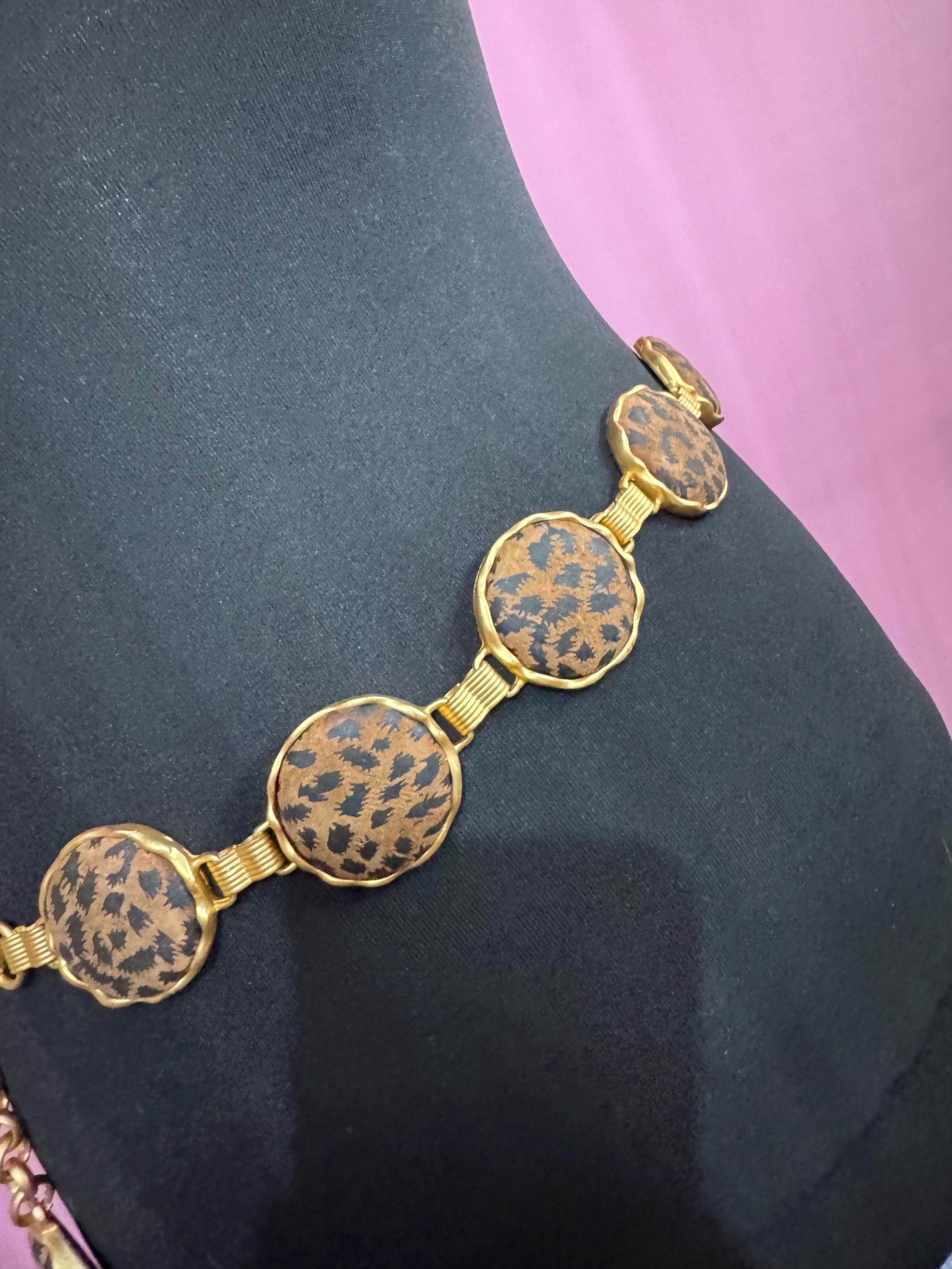 Matt gold animal print chain belt, fits 83 to 97cm chunky brown panel retro fashion