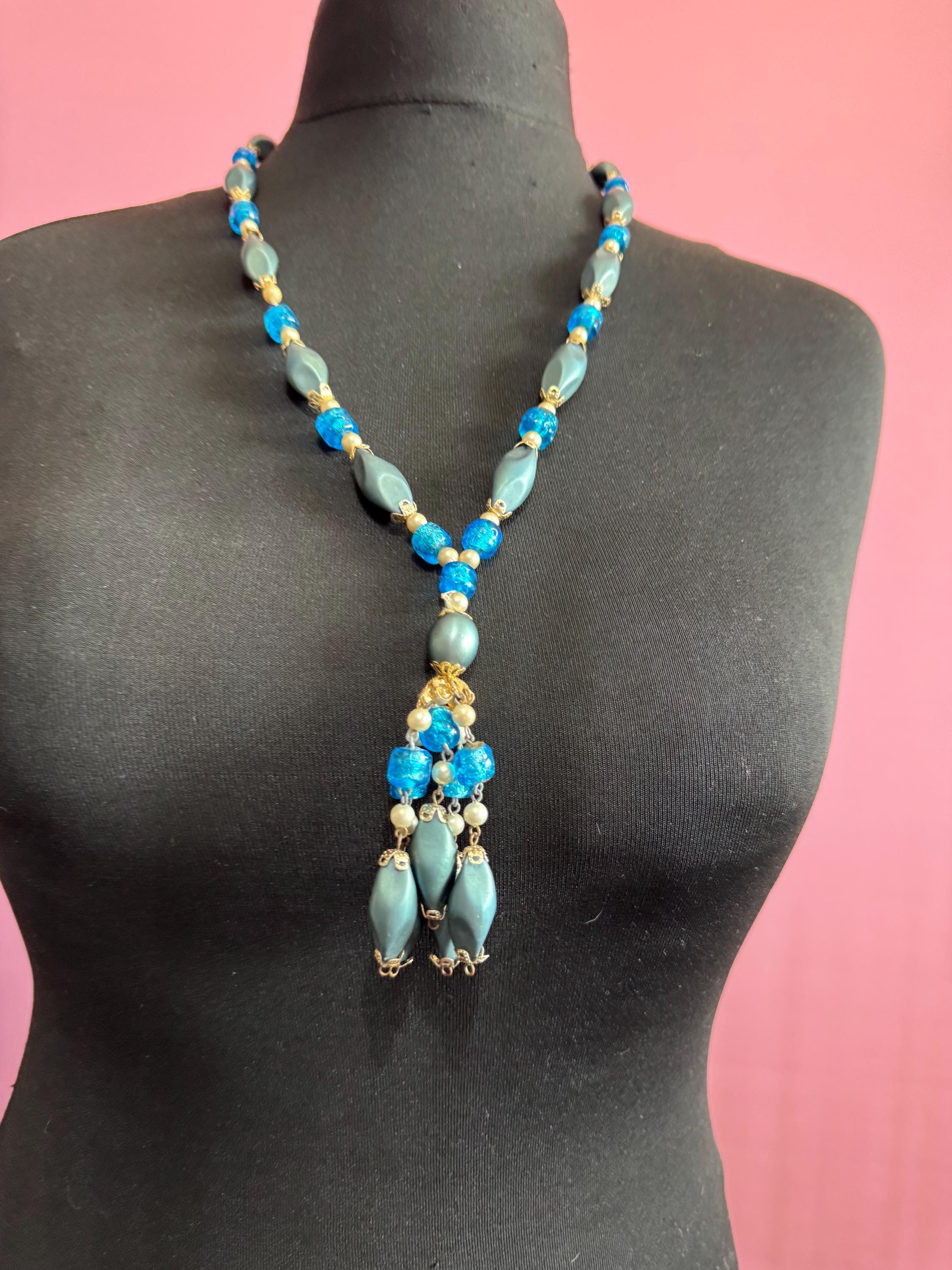Venetian blue foiled and pearl bead tassel necklace, mid century FOR RESTRINGING
