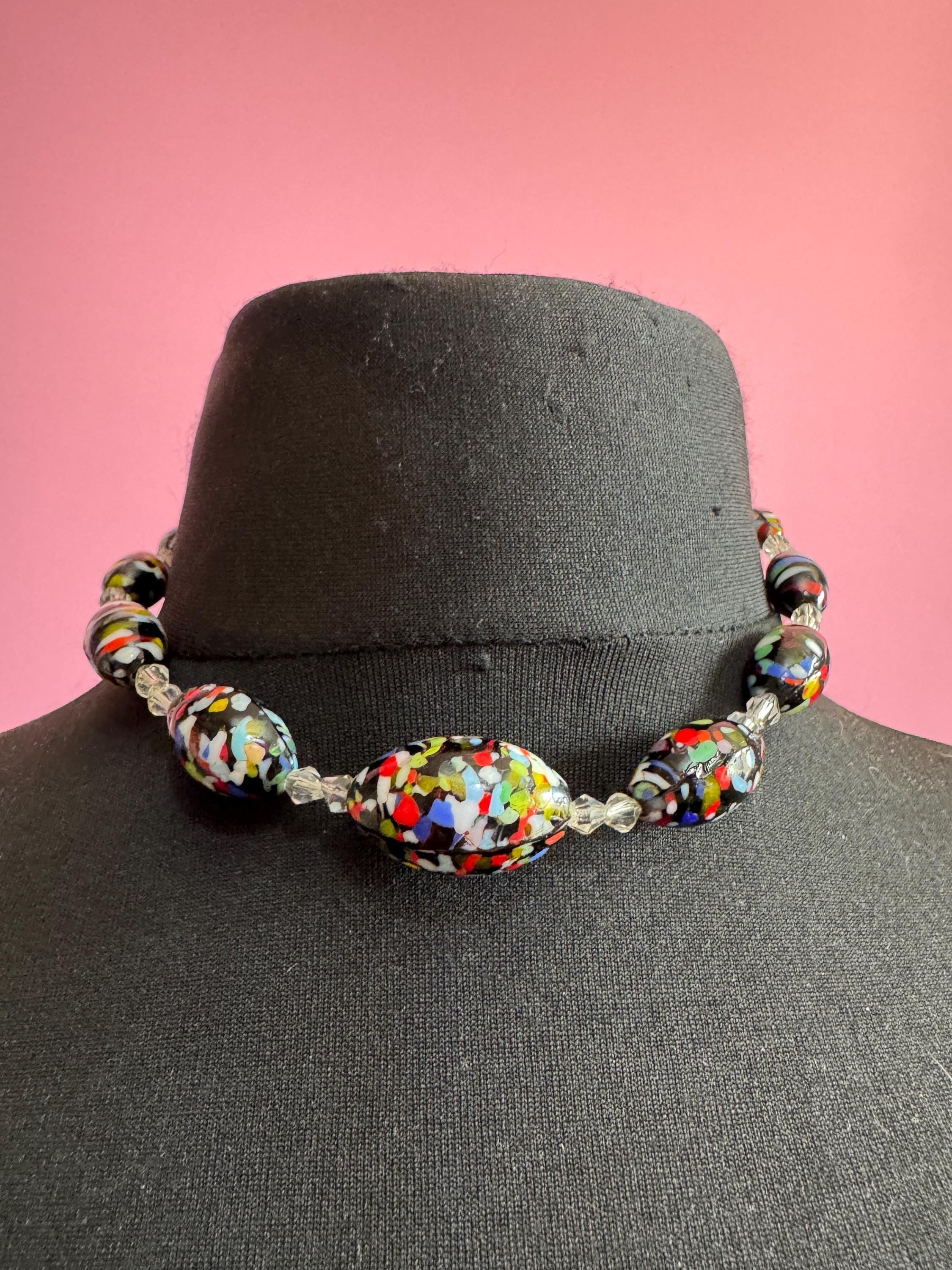 Venetian black art glass marbled bead necklace, end of day artisan Italian jewellery