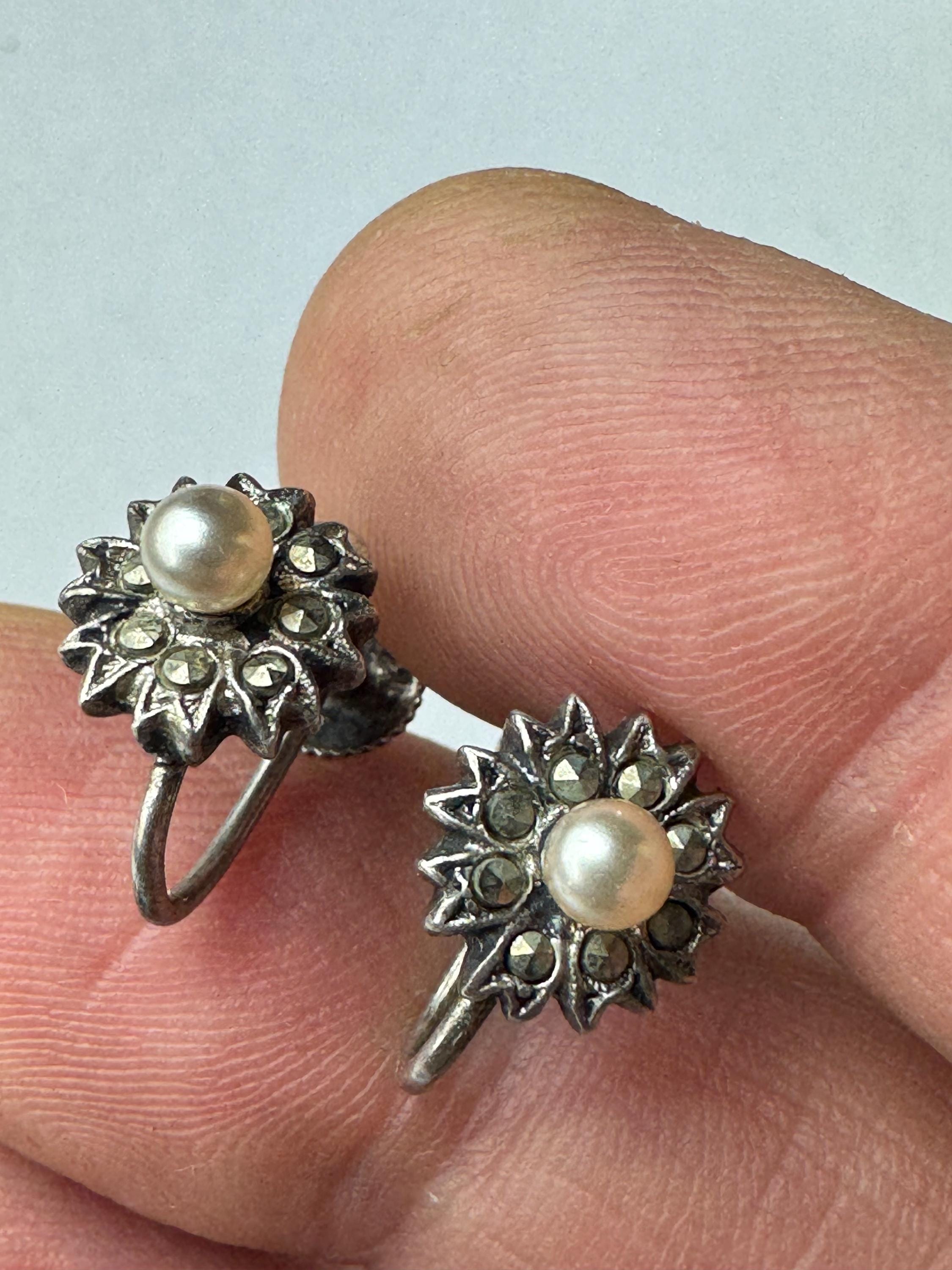 925 Marcasite pearl clip on earrings, STERLING 1950s with vintage screw back fittings
