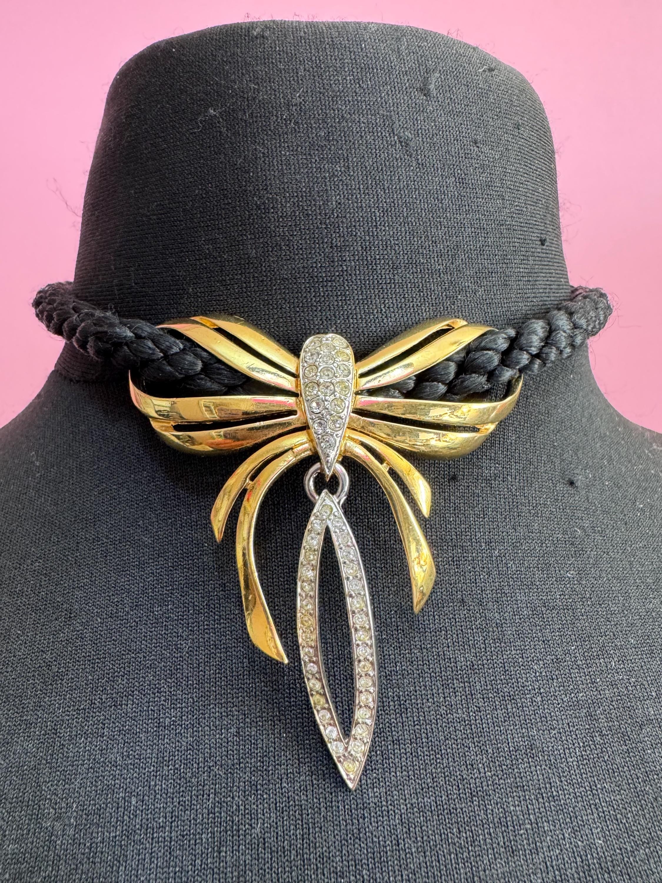 BG black cord rhinestone Choker necklace, magnetic clasp gold tone signed by Bergdorf Goodman