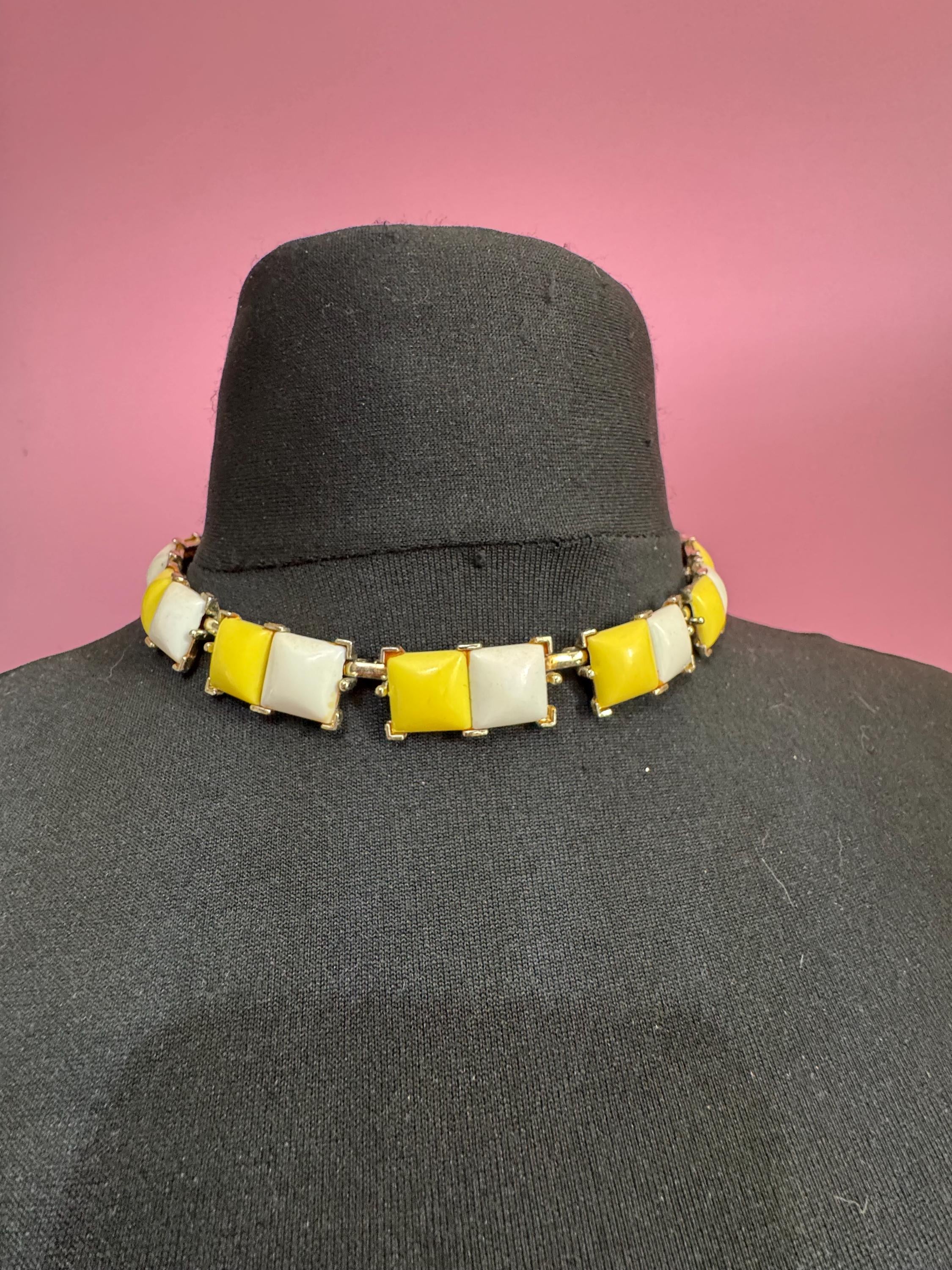 Kramer yellow and white choker, vintage lucite panel necklace