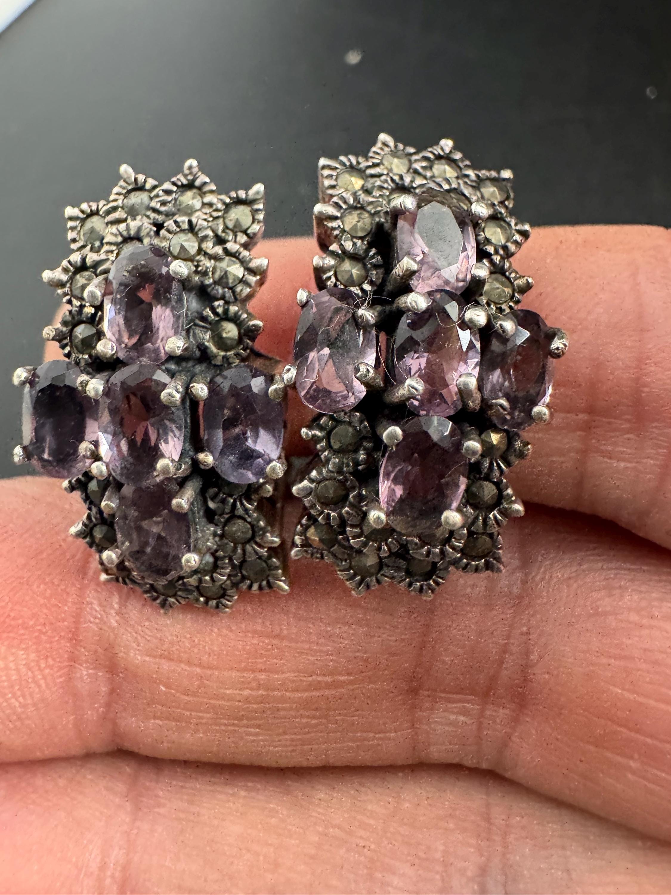 925 amethyst clip on earrings, sterling silver weighty clips 17 grams