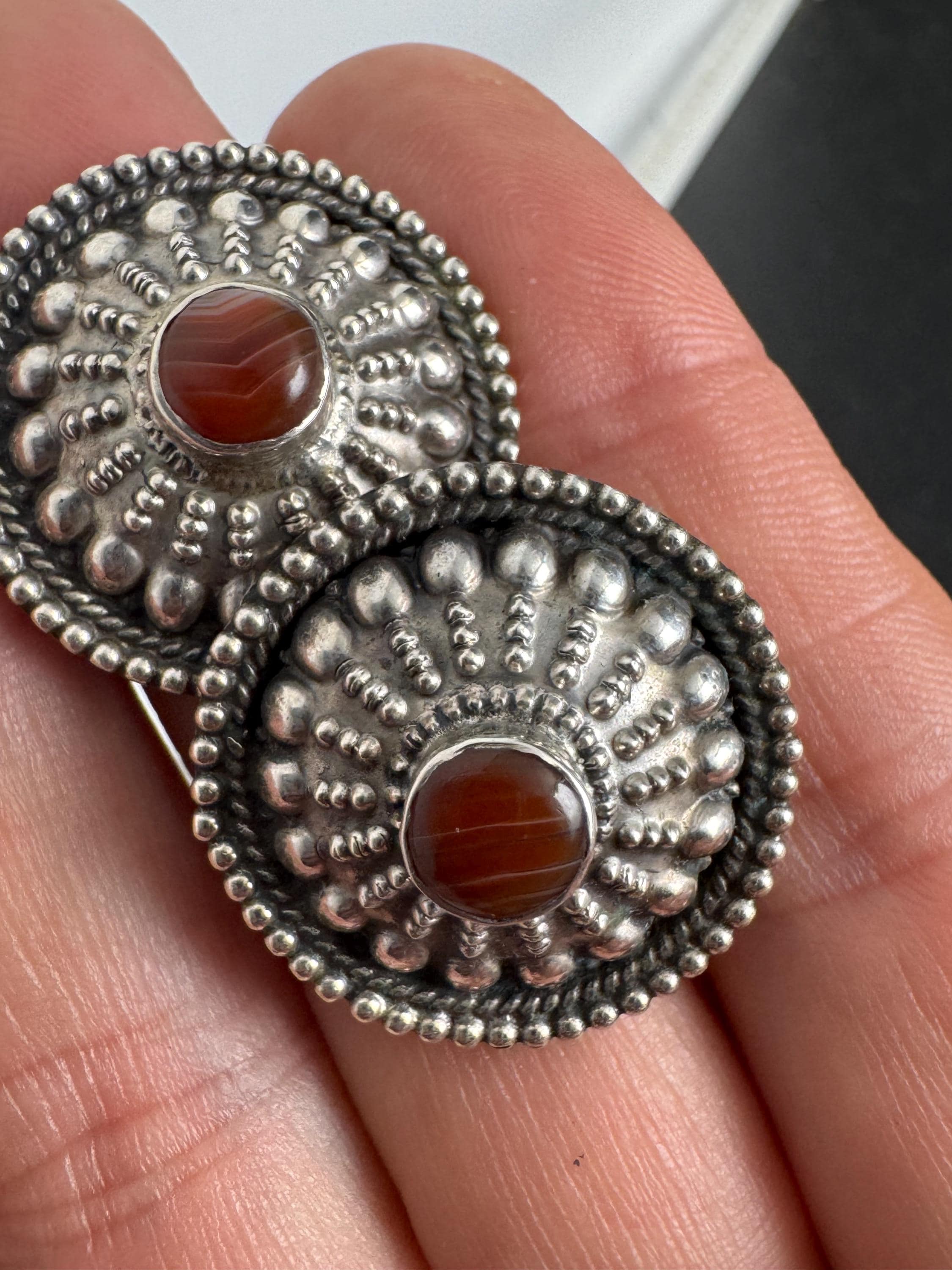 Sterling Silver Banded Agate Stud Earrings, Large Etruscan Discs