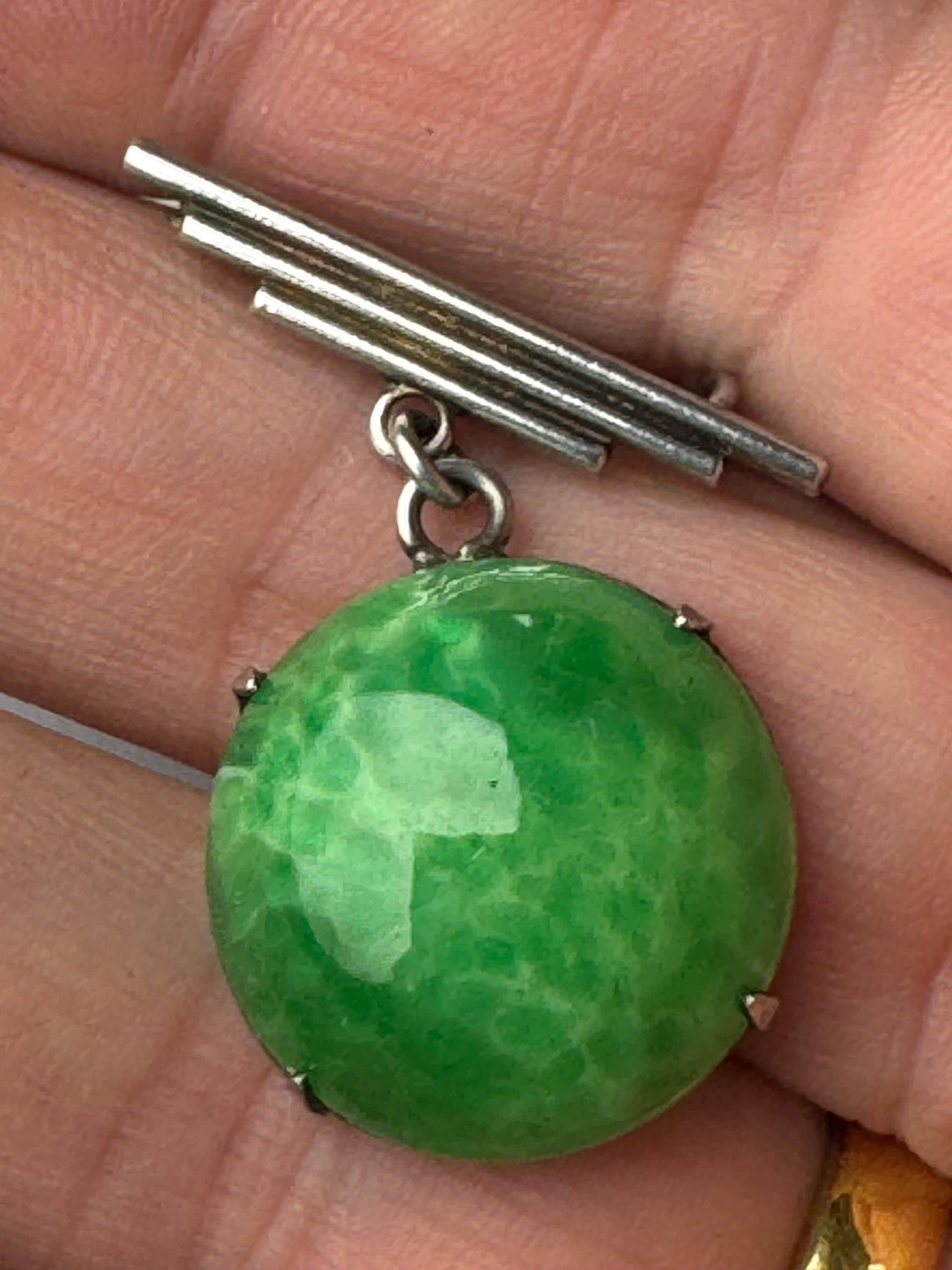 Victorian gemstone silver dropper brooch, 925 sterling jadeite or agate pin with a c clasp