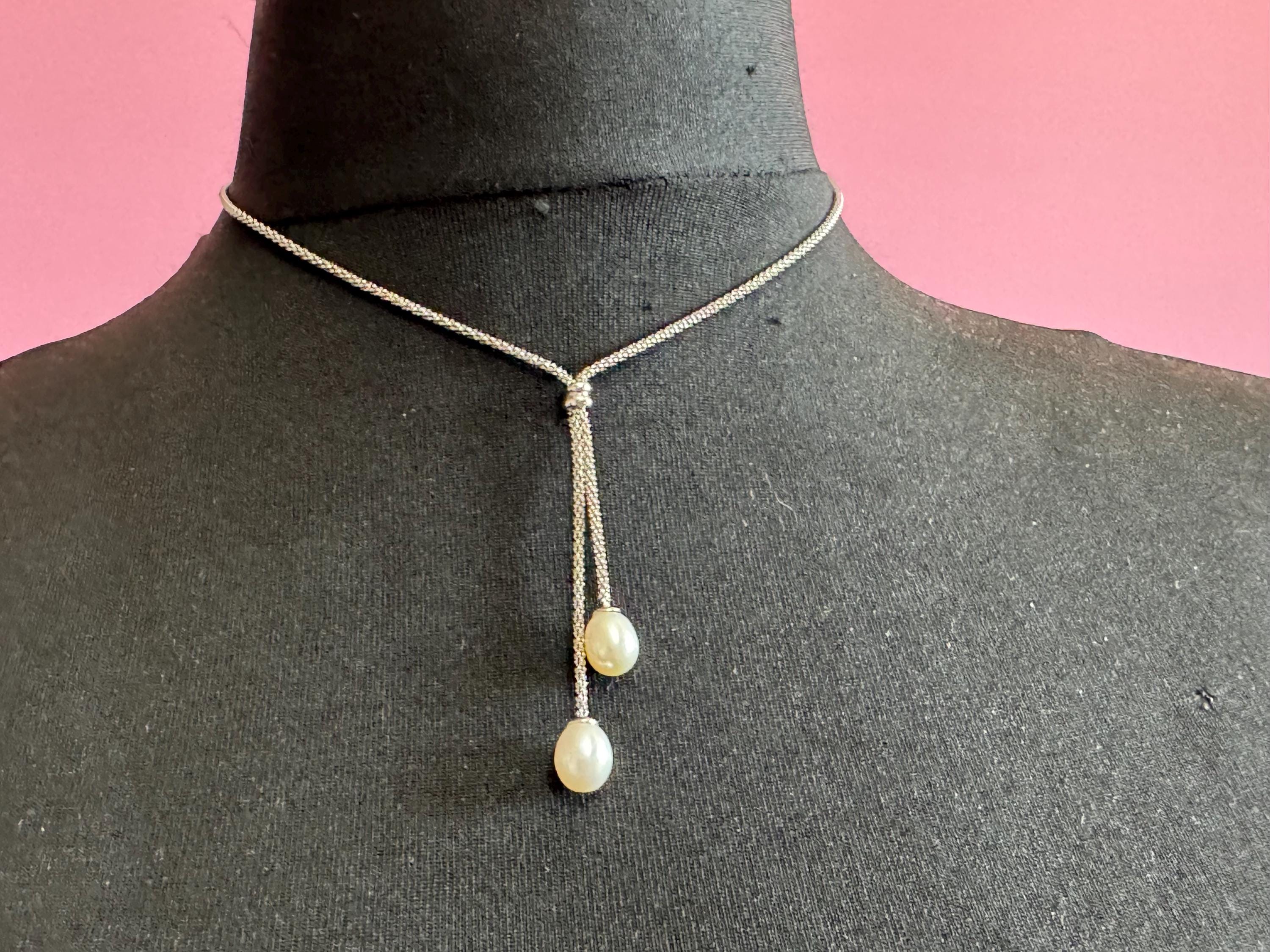 925 necklace with freshwater pearl dropper, sterling silver Lariat chain link pendant