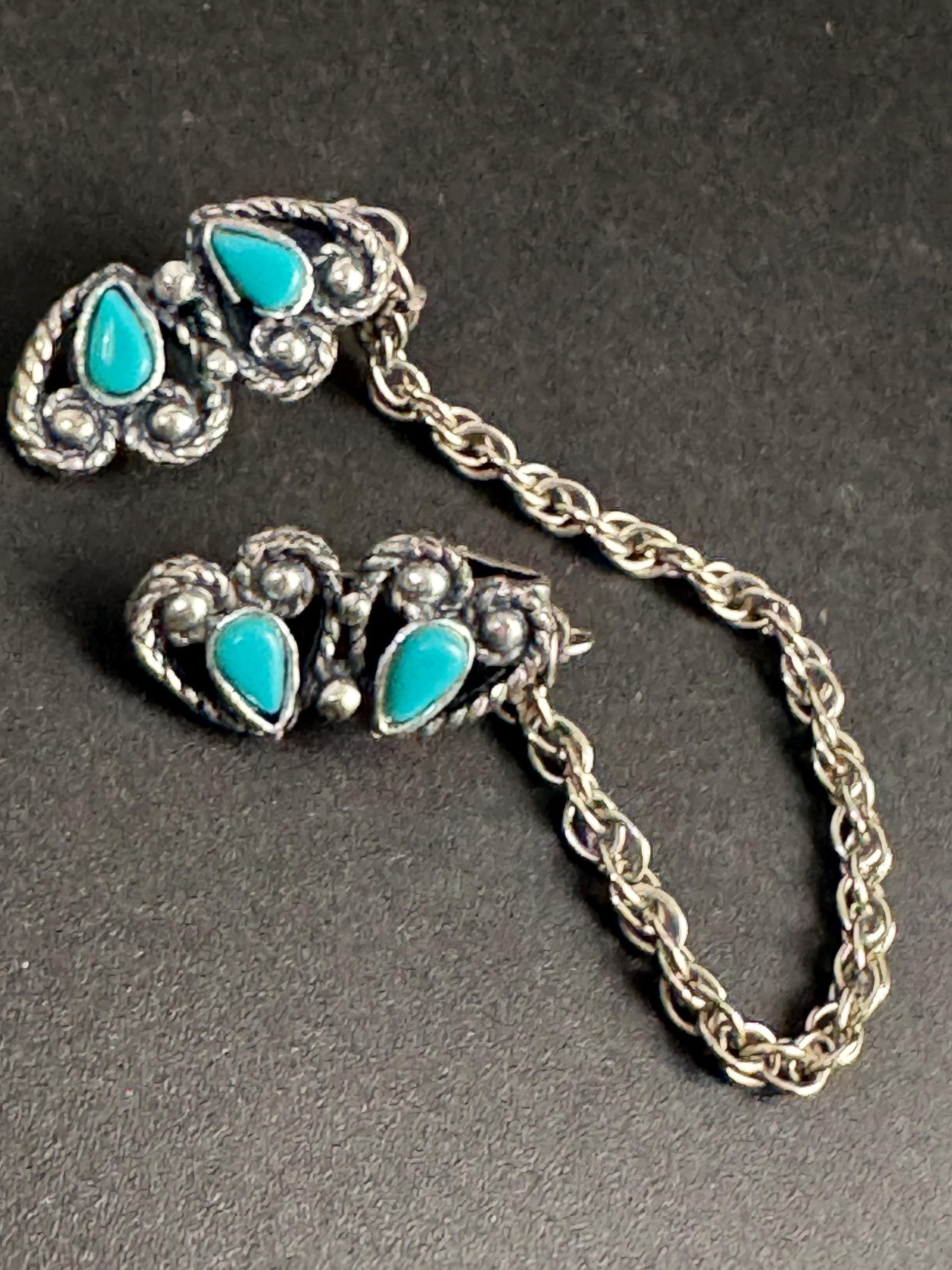 vintage turquoise sweater guards, cloak clips silver tone clothing accessory