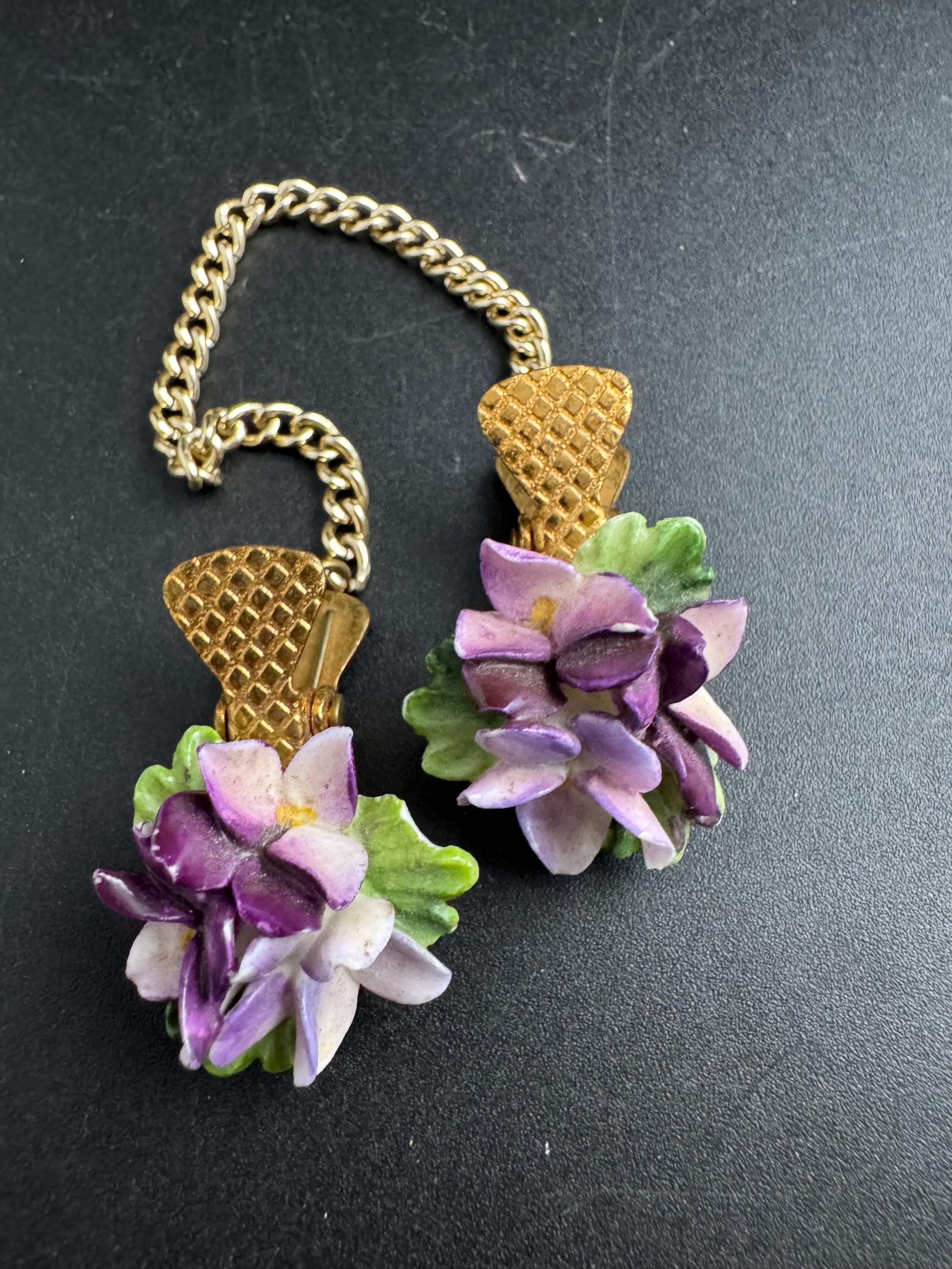 Purple flower sweater guards, porcelain china cloak clips, clothing accessory