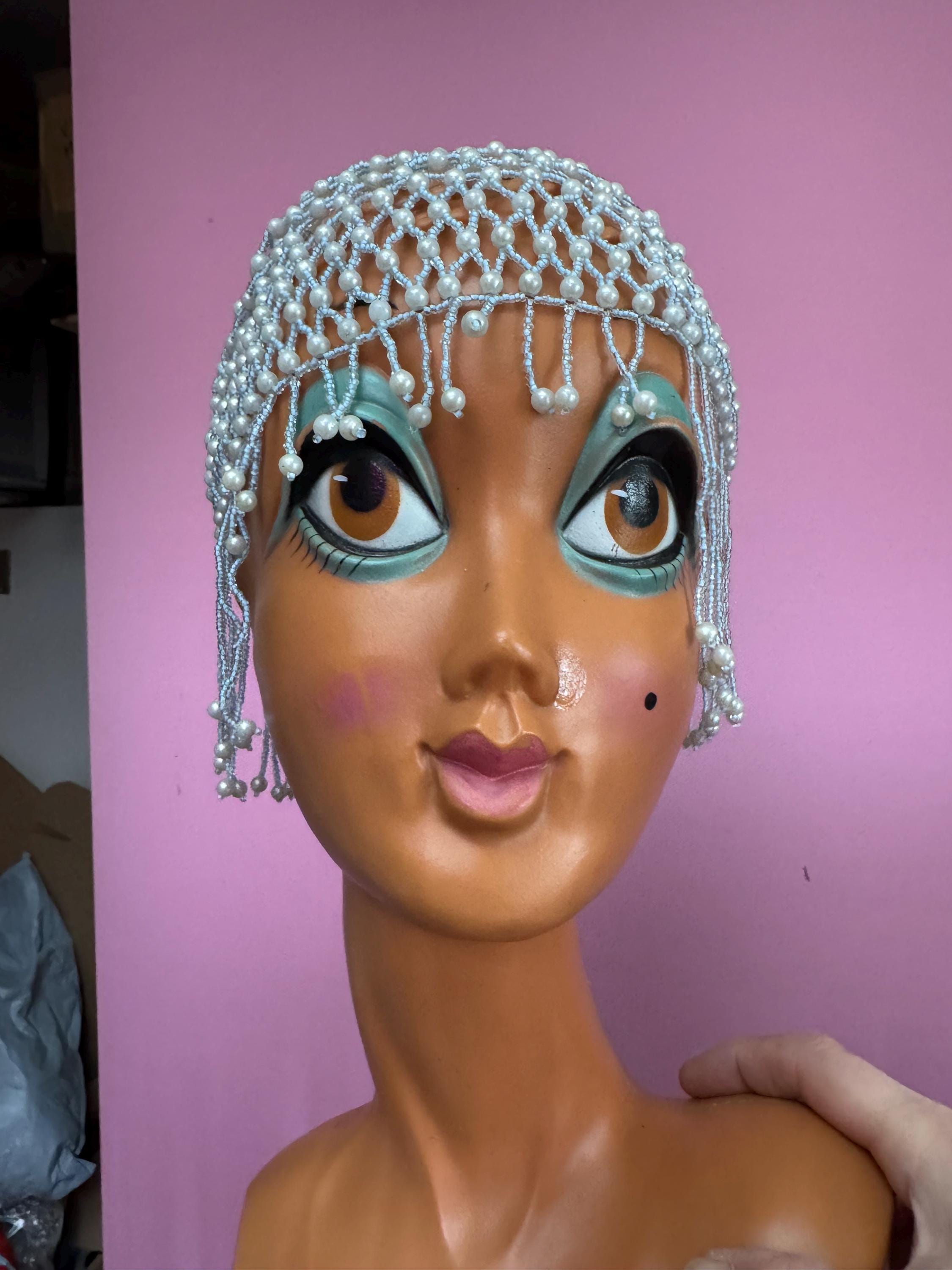 Pearl beaded head piece bead cloche headress, blue glass seed beads