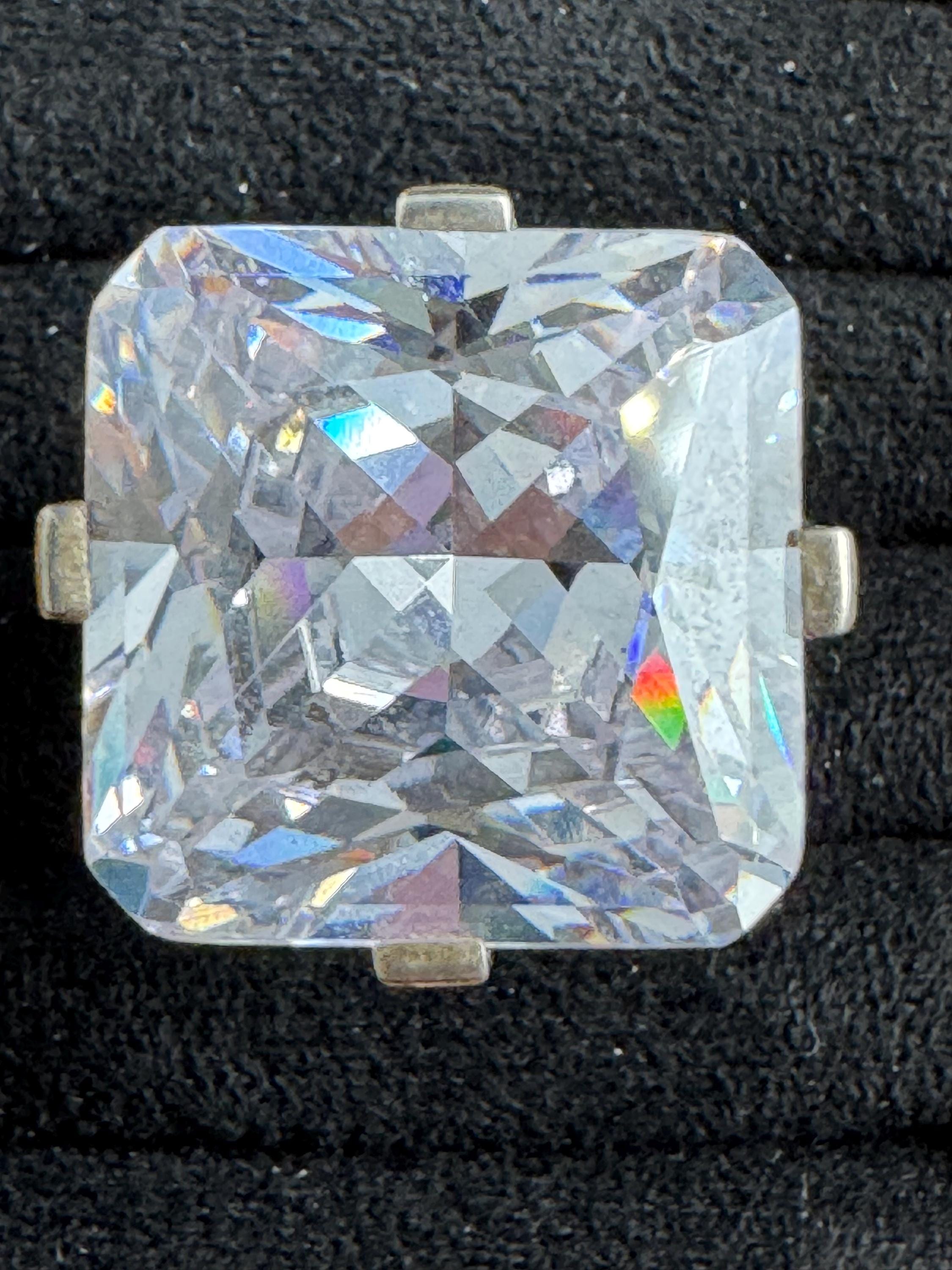 large clear stone cocktail ring,  size P.5 modernist 925 sterling silver, signed PK