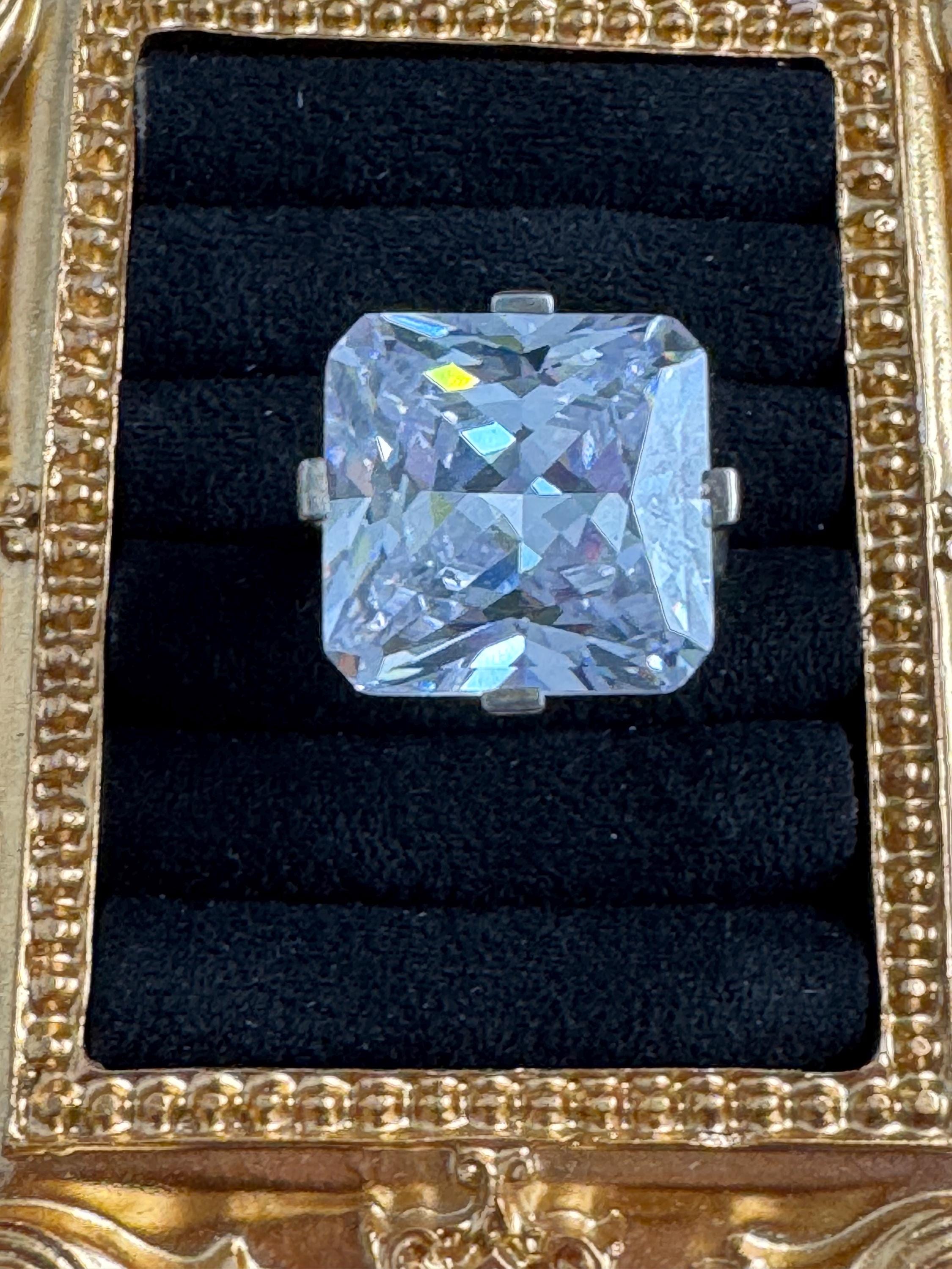 large clear stone cocktail ring,  size P.5 modernist 925 sterling silver, signed PK