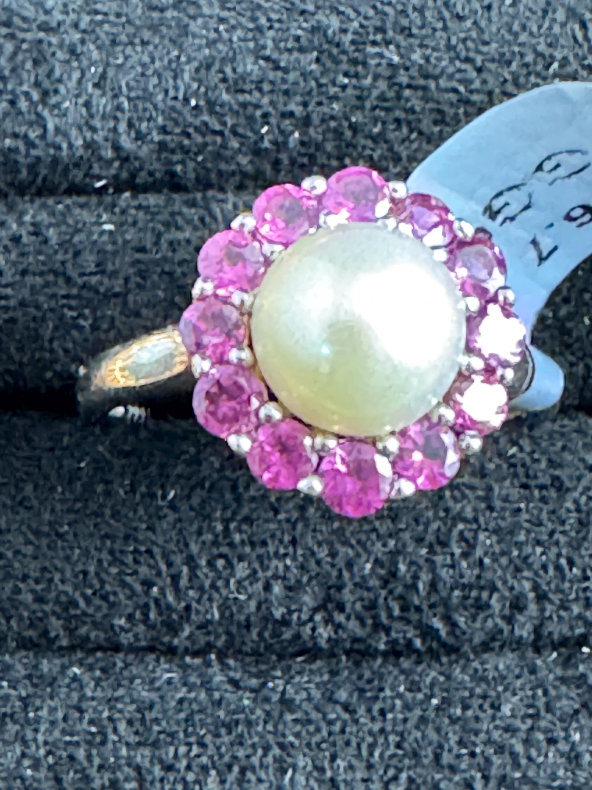 925 silver and pearl dress ring, TGGC size N.5, pink gemstones