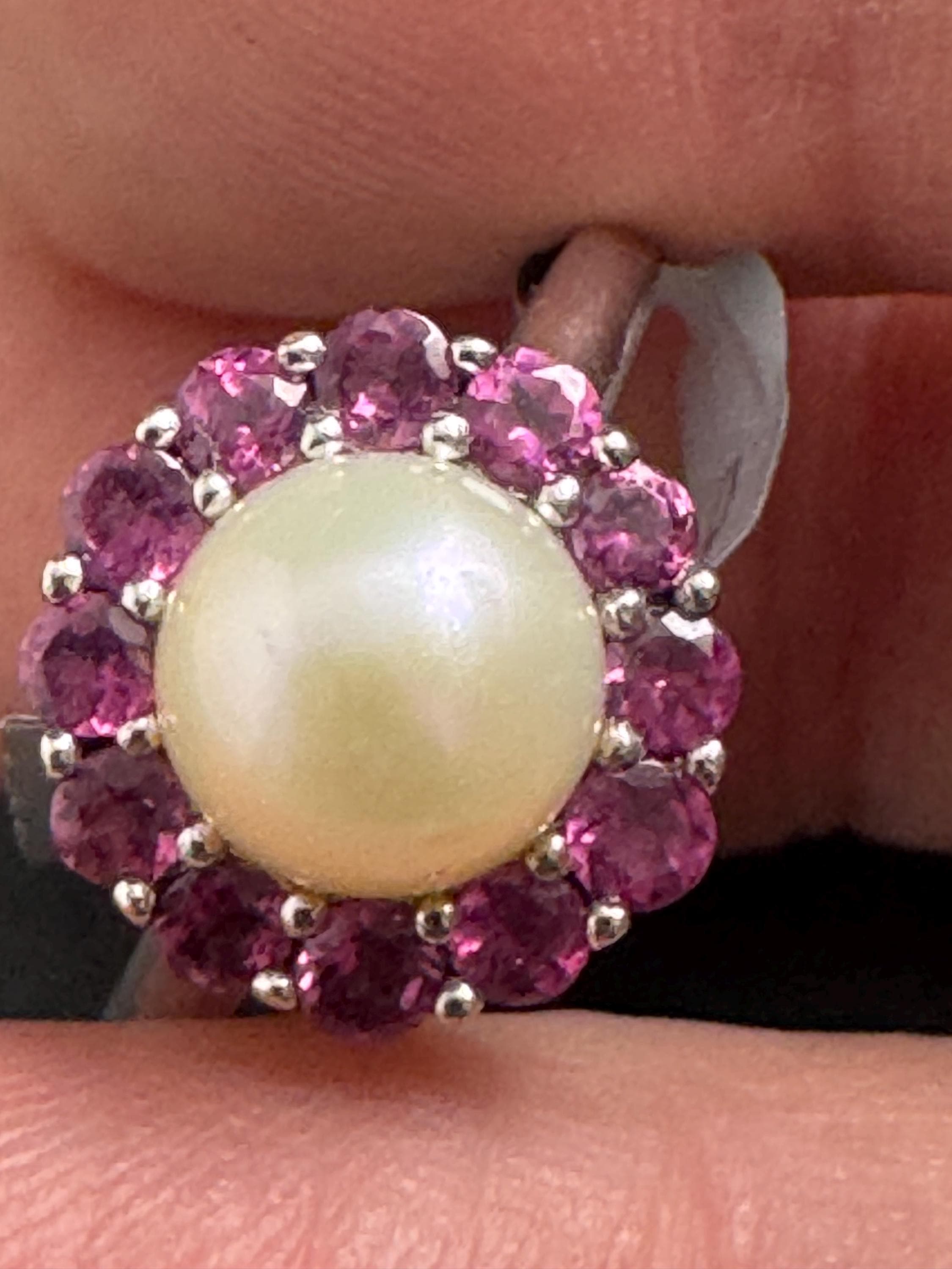 925 silver and pearl dress ring, TGGC size N.5, pink gemstones