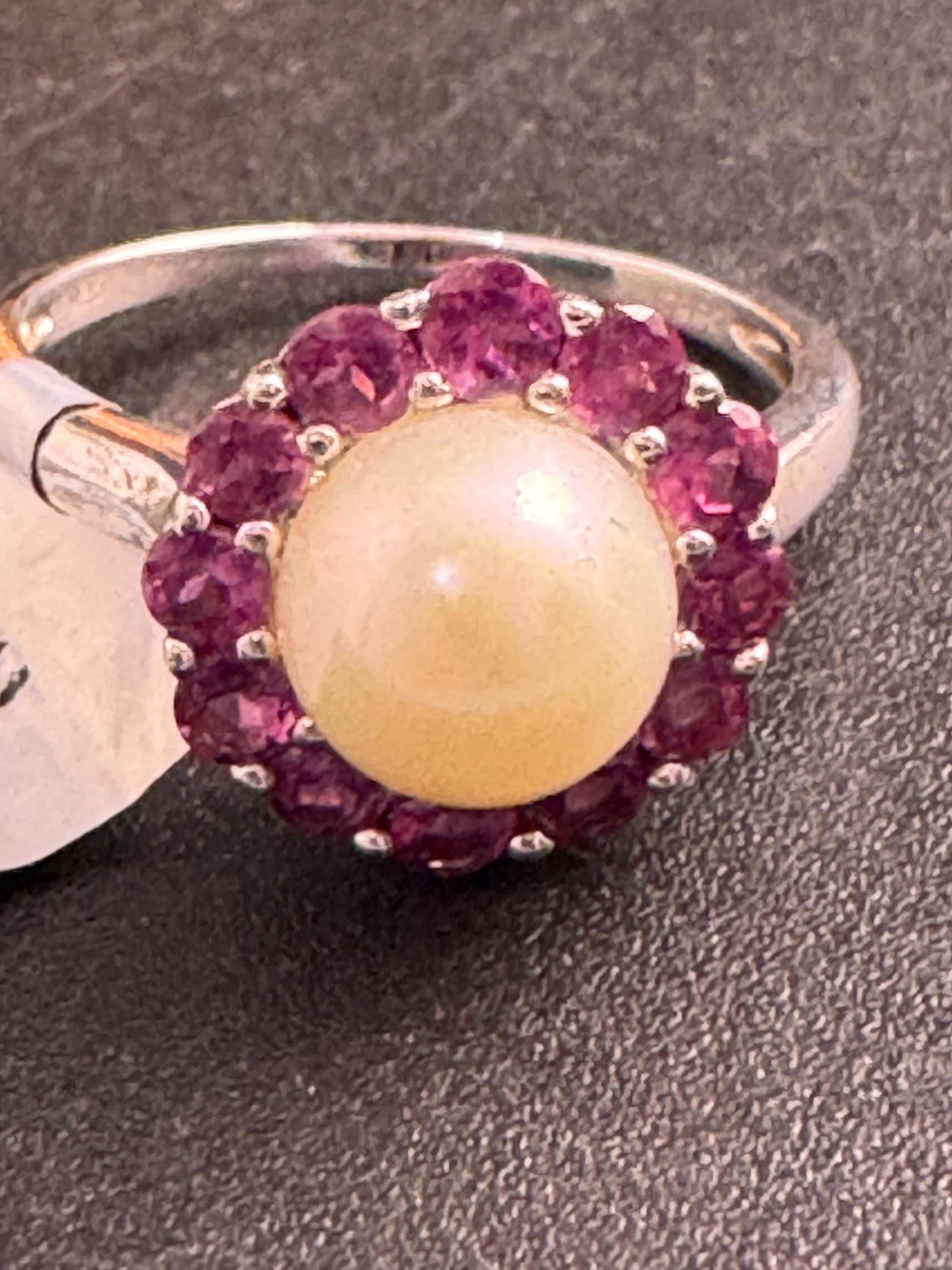 925 silver and pearl dress ring, TGGC size N.5, pink gemstones