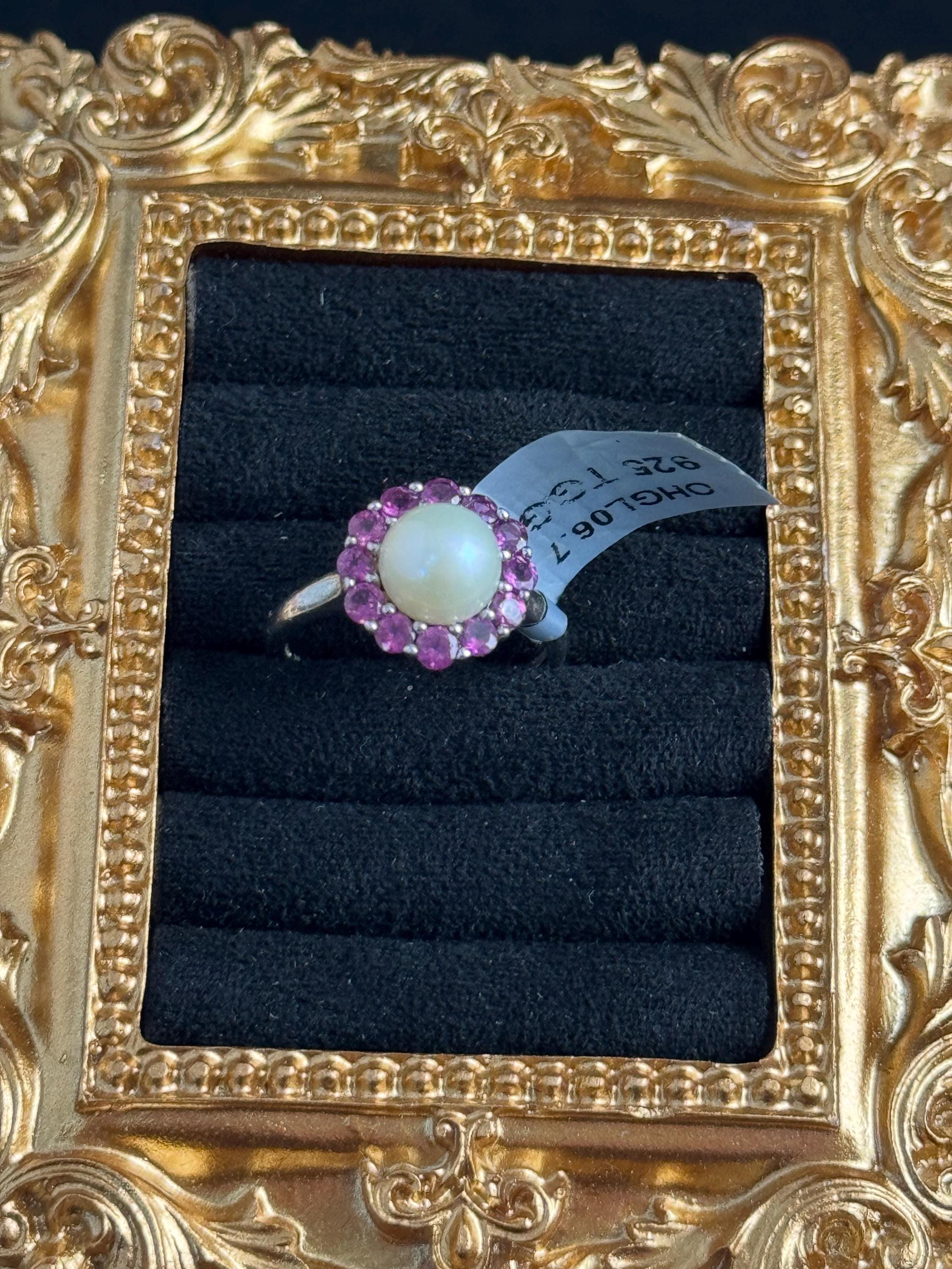 925 silver and pearl dress ring, TGGC size N.5, pink gemstones
