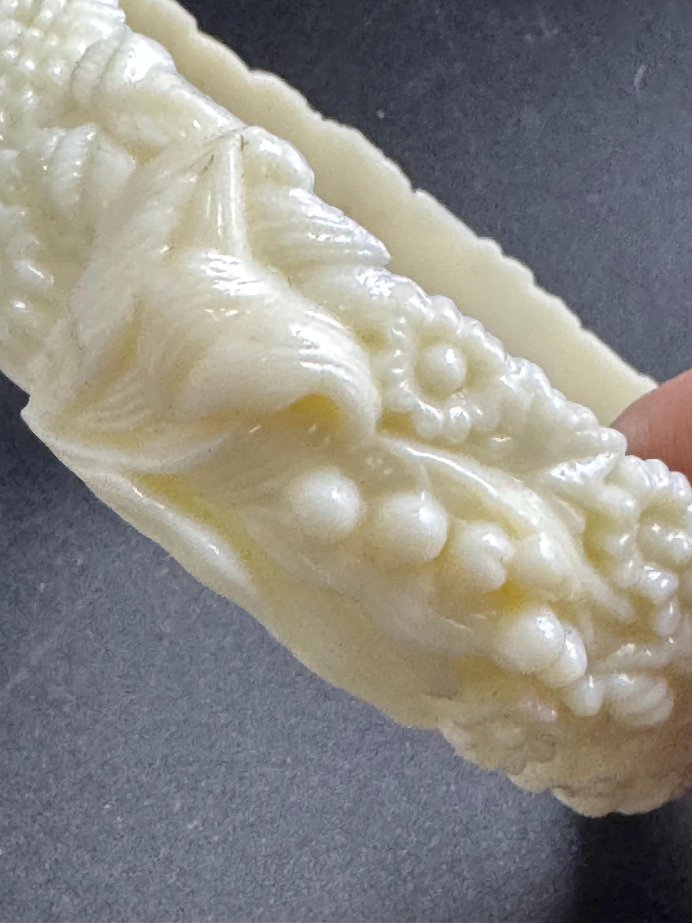 Celluloid Carved Floral Bangle Bracelet, cream Japanese