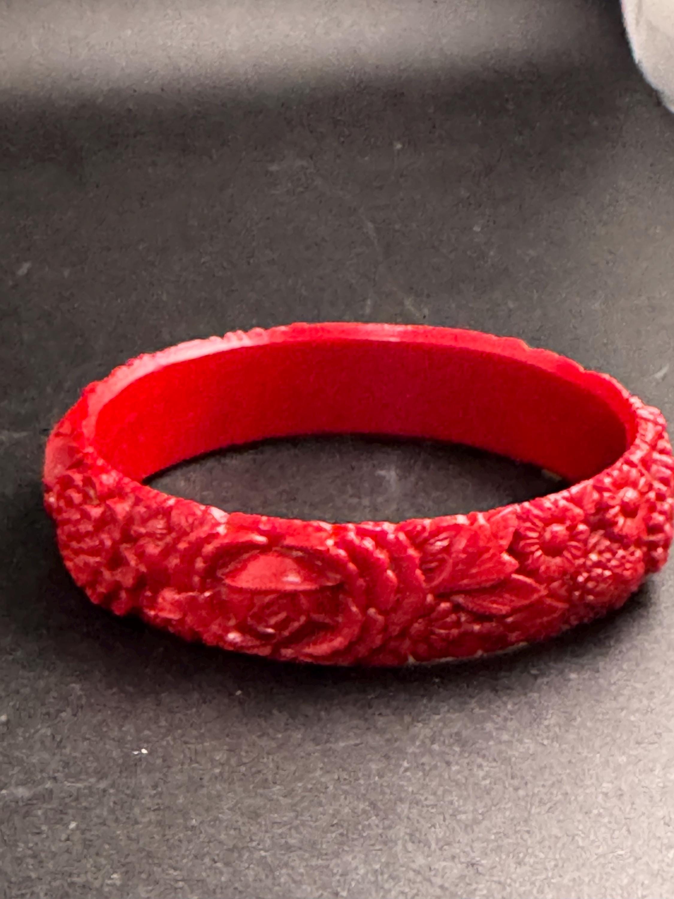 Red Celluloid Carved Bangle Bracelet, Early Plastic Faux cinnabar