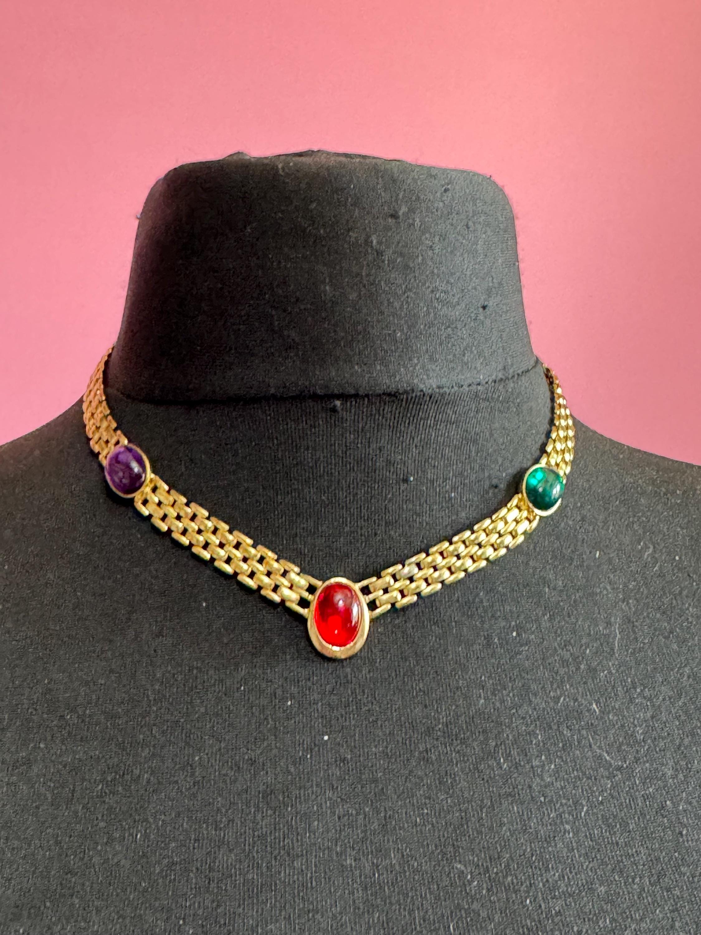 Gold Panther Link Choker Necklace, Red Green Purple Glass Cabochons 44cm