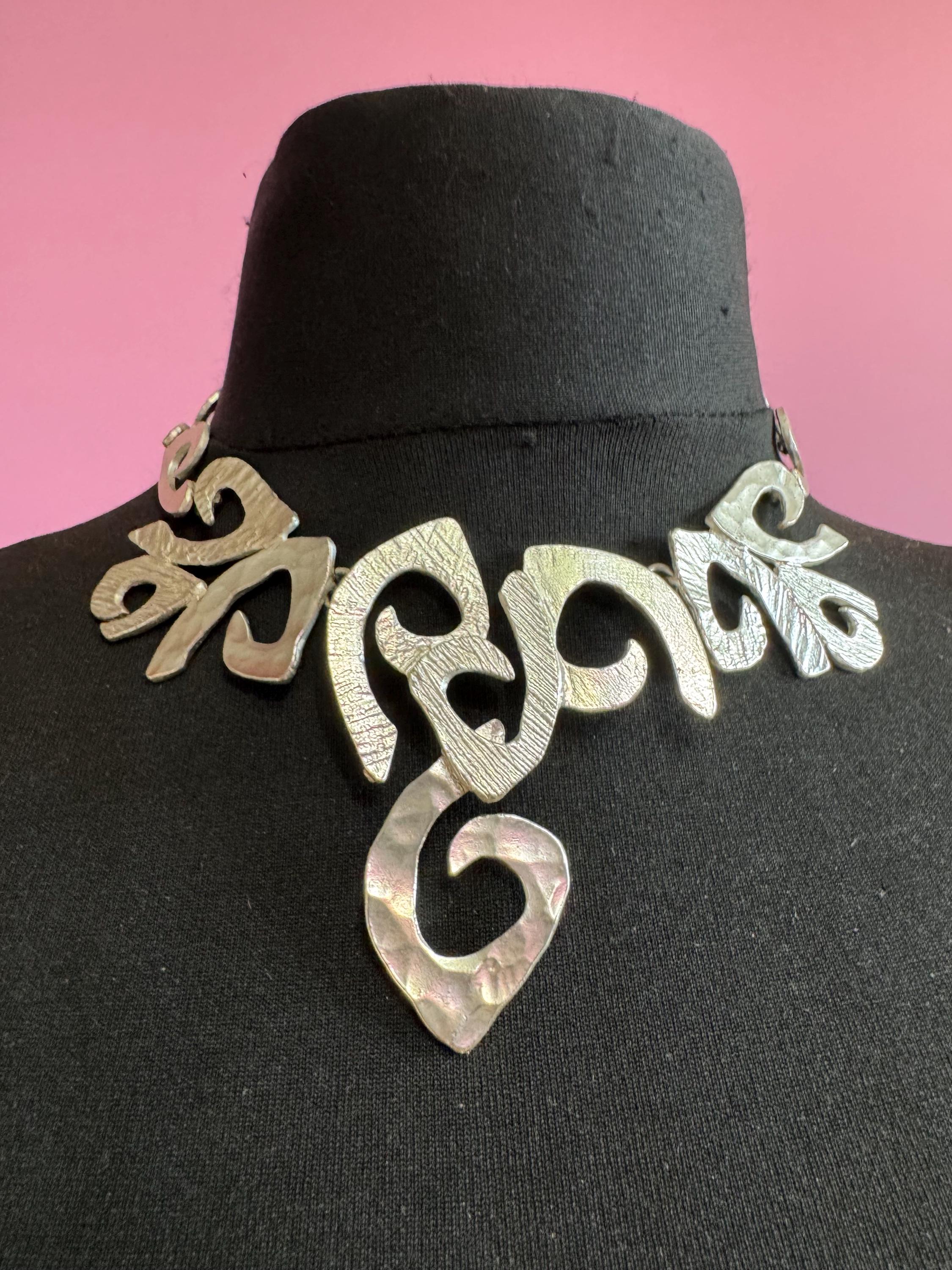 Dolce Vita Silver Tone Modernist Necklace and Earrings Set, Signed Paris Designer