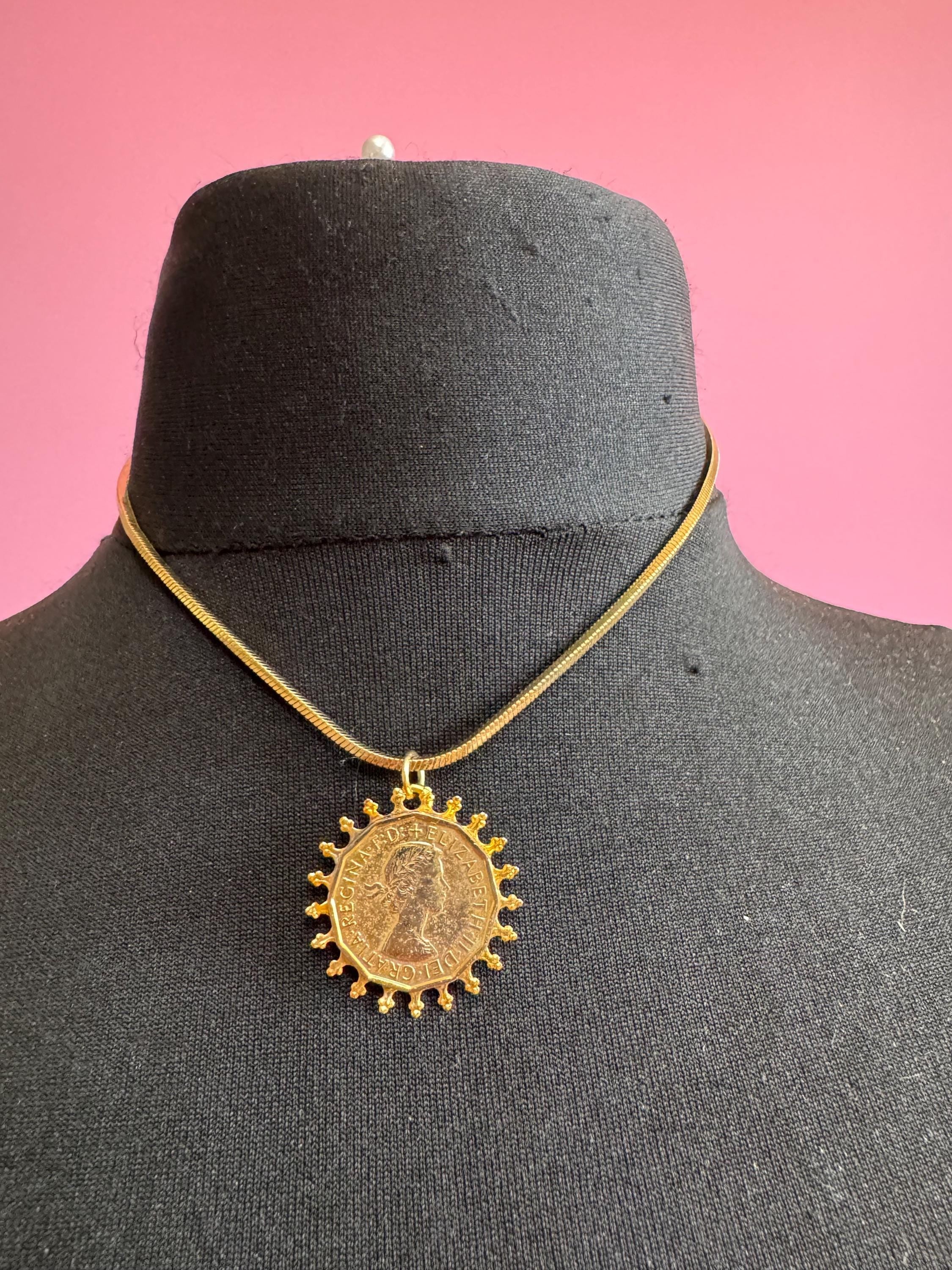Vintage coin pendant necklace , gold tone circa 1970s