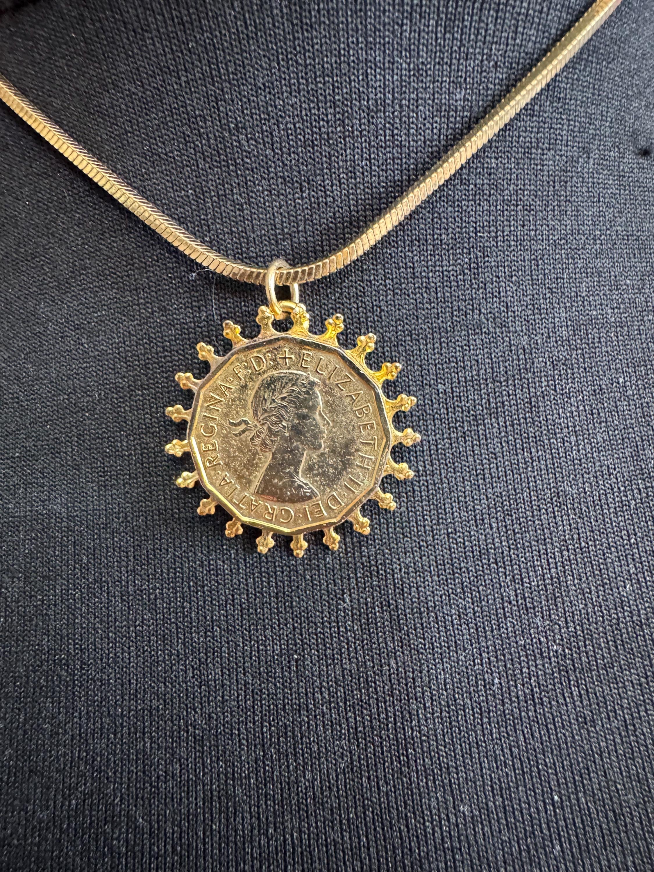 Vintage coin pendant necklace , gold tone circa 1970s