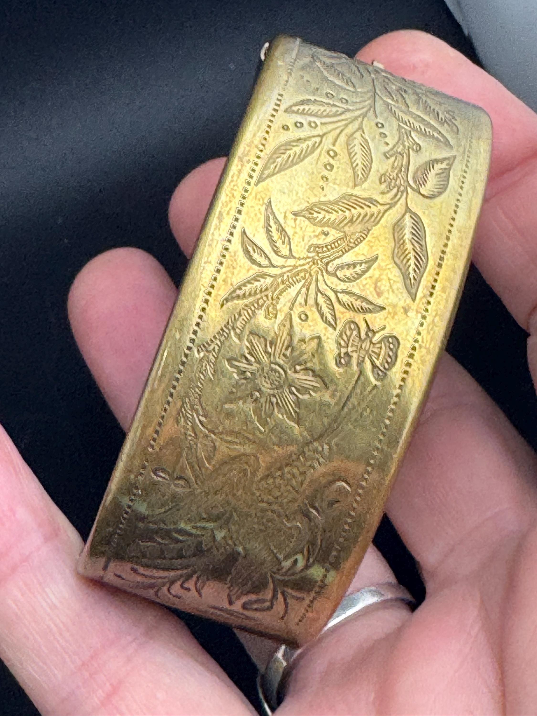 Petite fit Victorian engraved wide brass bangle :  hinged bracelet gold tone