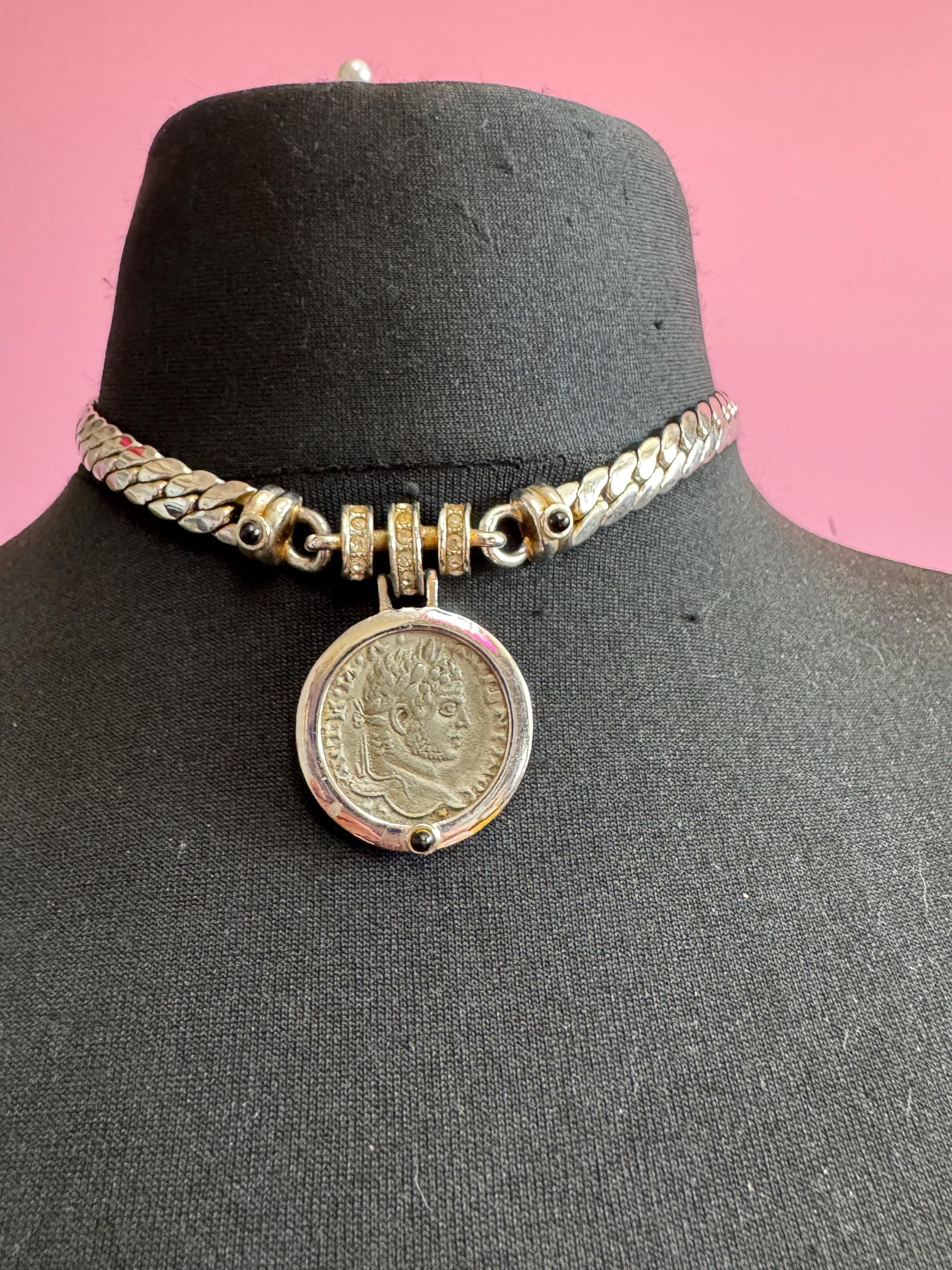 Silver plated Etruscan coin necklace , black cabochon wide choker