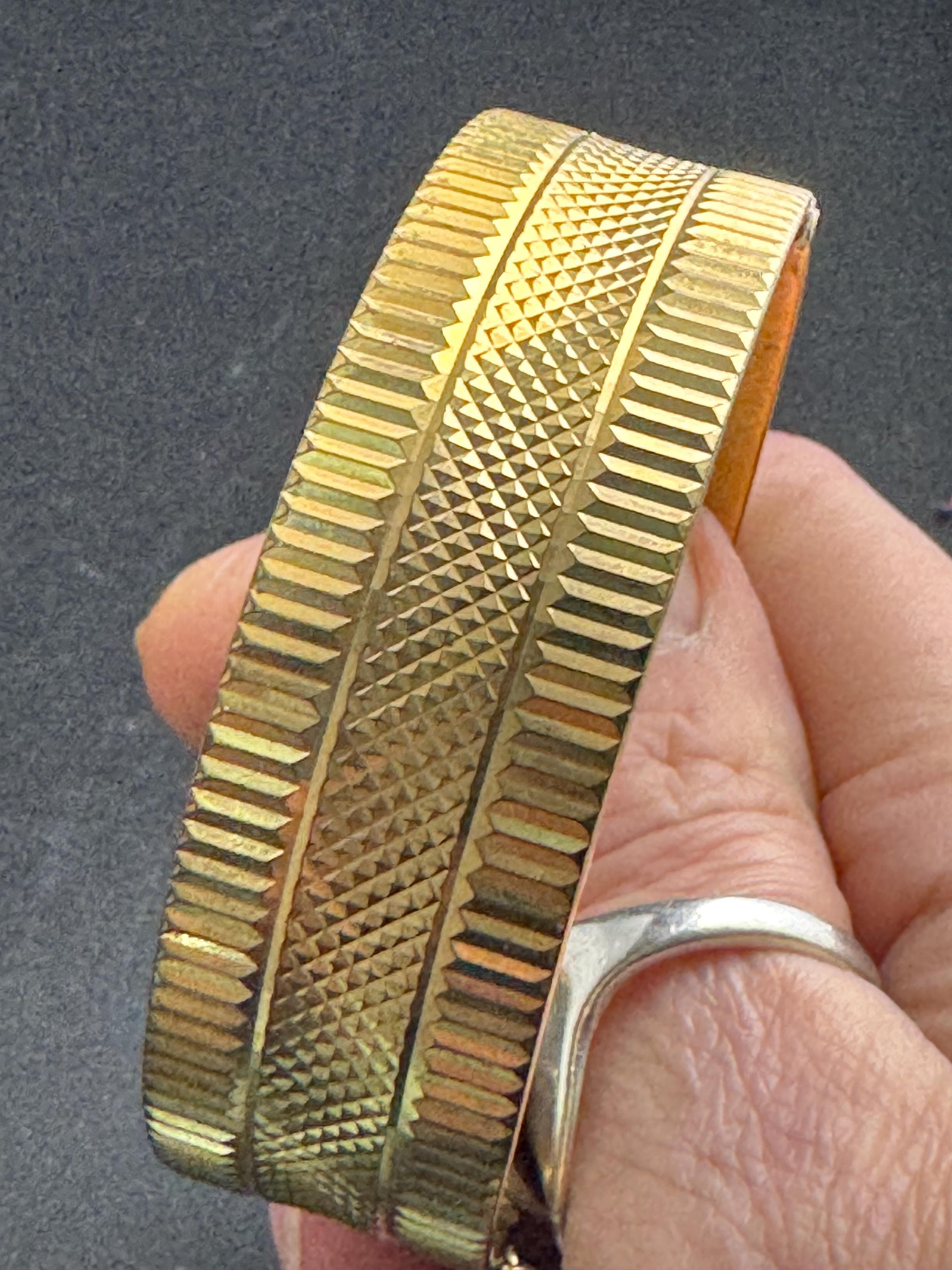 18ct gold plated wide Bangle Bracelet, wide etched design with safety chain, vintage 1960s