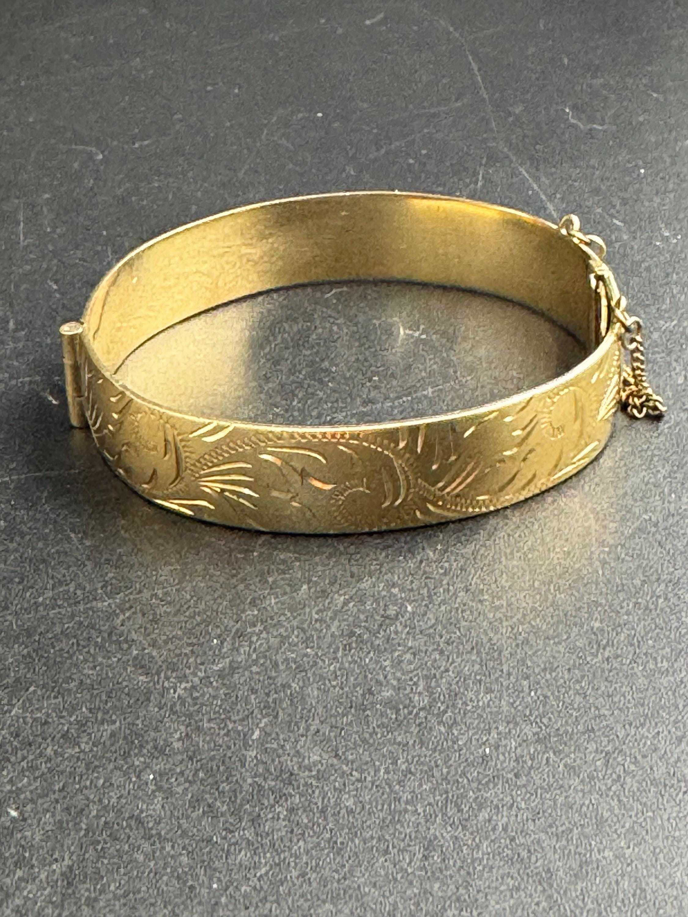 Rolled gold etched floral bangle, vintage bracelet 15mm wide