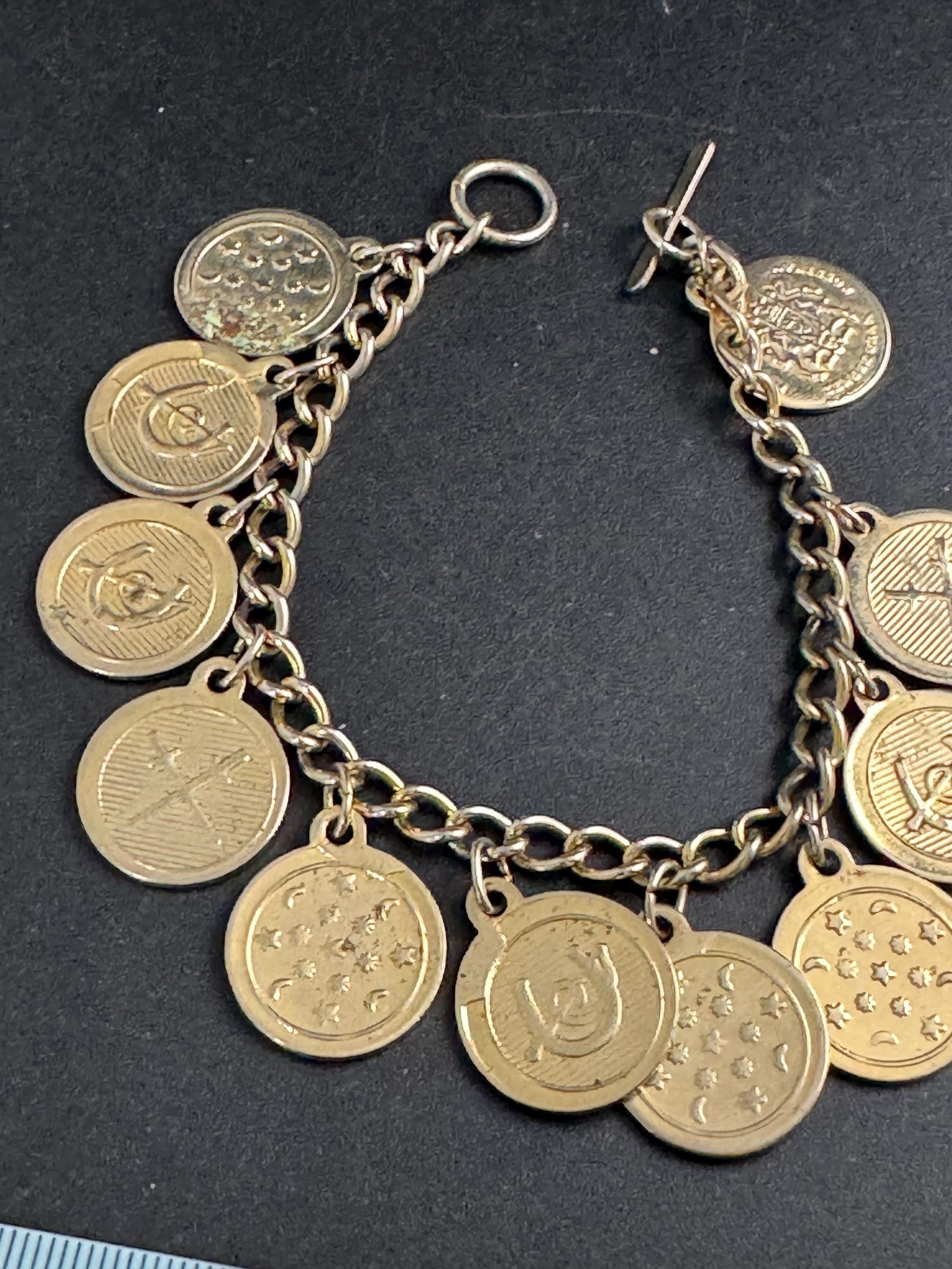 Vintage Gold coin disc charm bracelet,  19cm plated metal