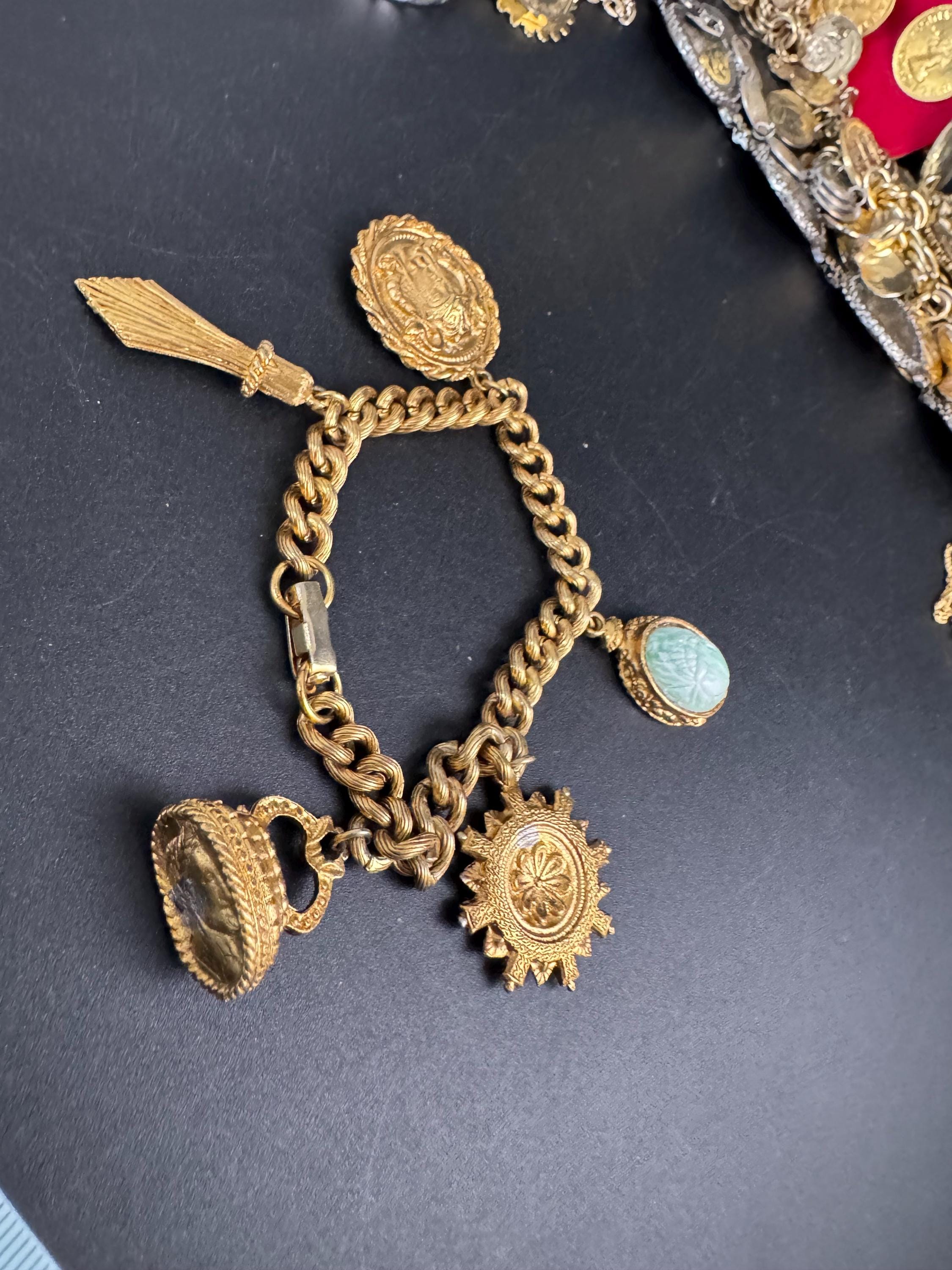 Victorian Style Chunky Coin Charm Bracelet, Fob Seal Cabochon Jewelry