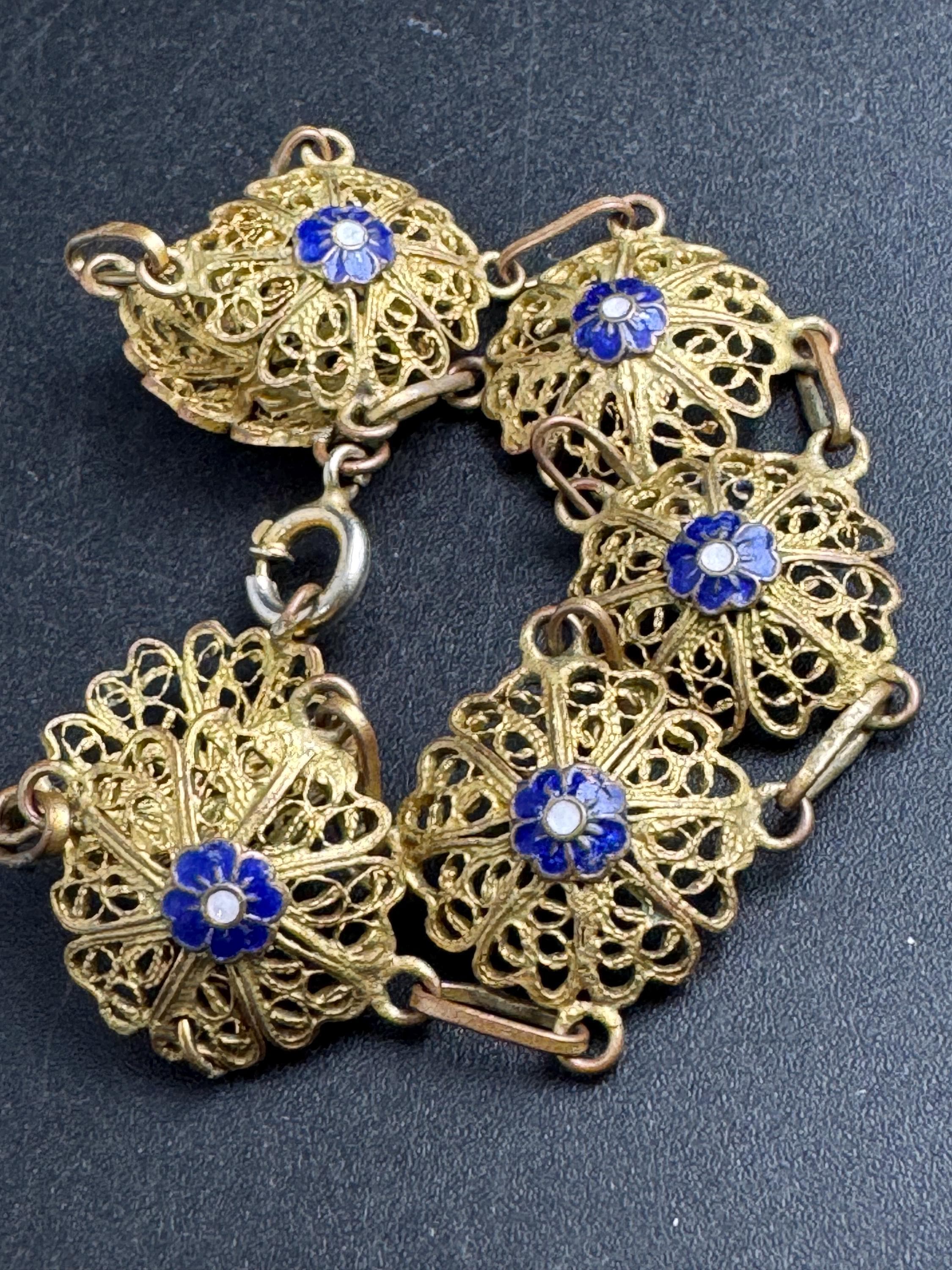 Czech filigree enamel panel Bracelet, dark blue vintage jewellery, art deco period