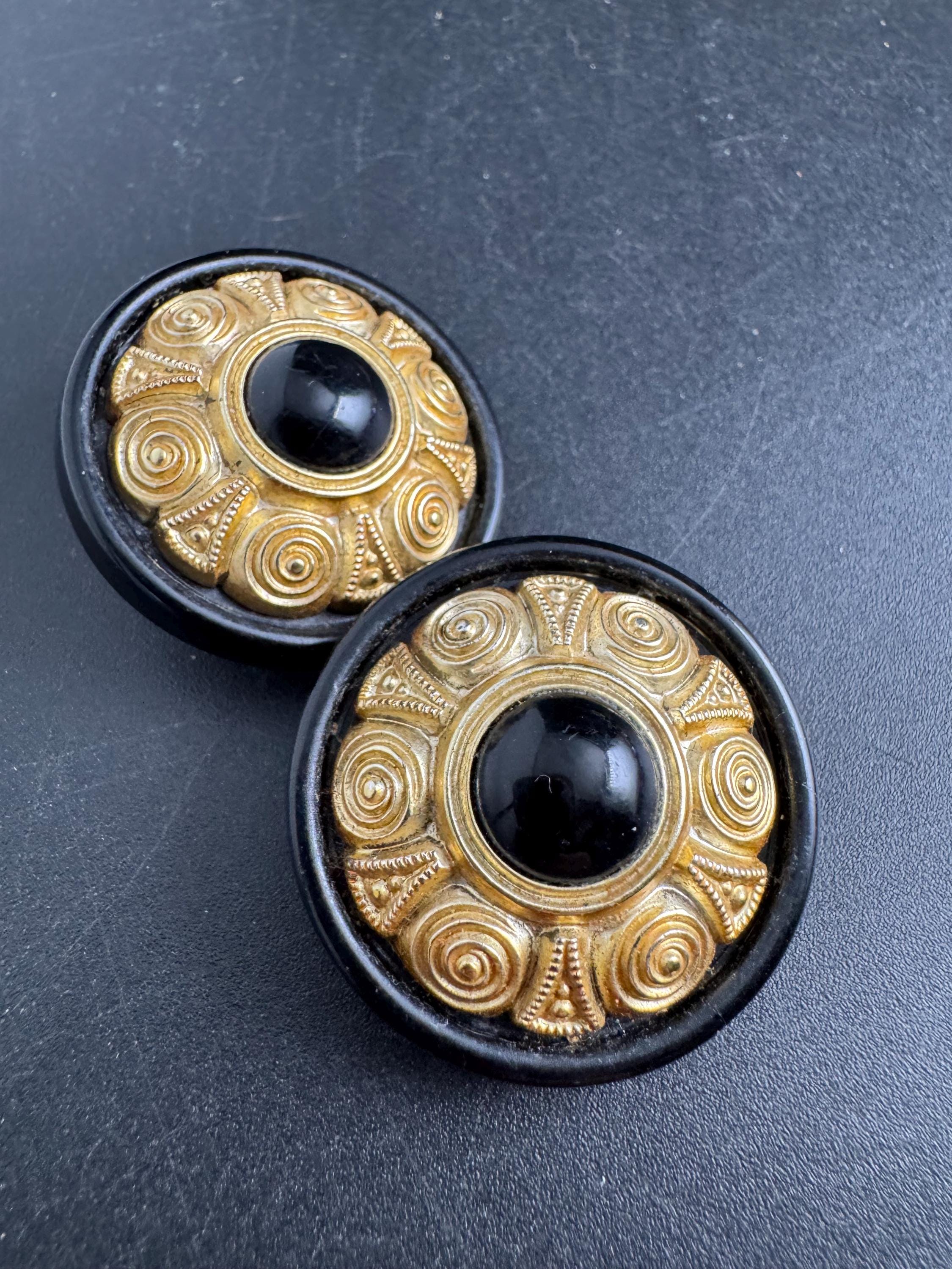 Big plastic Clip on earrings, black and Matt gold tone Etruscan style