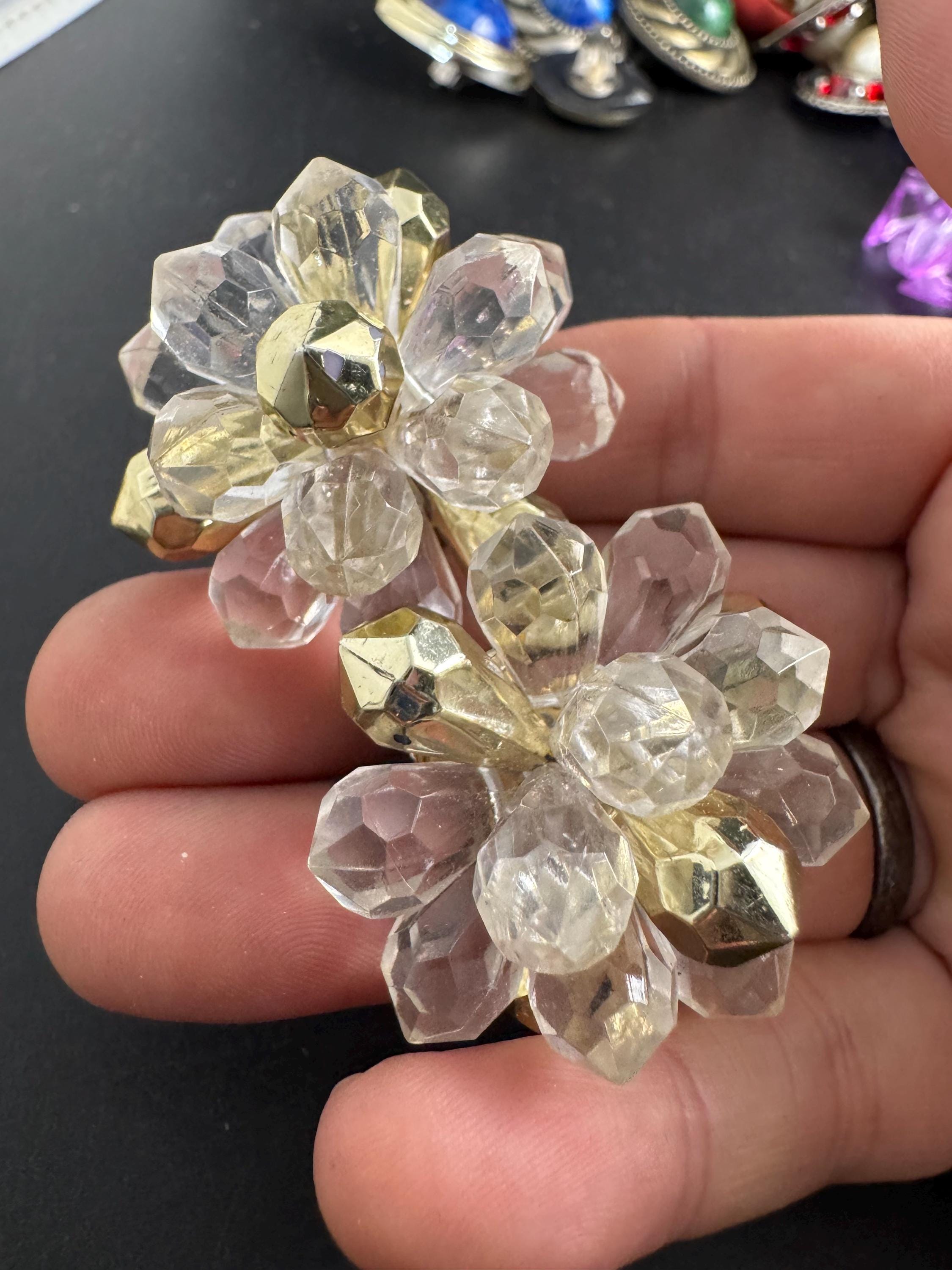 Big plastic Clip on earrings, clear  and gold faceted cluster design