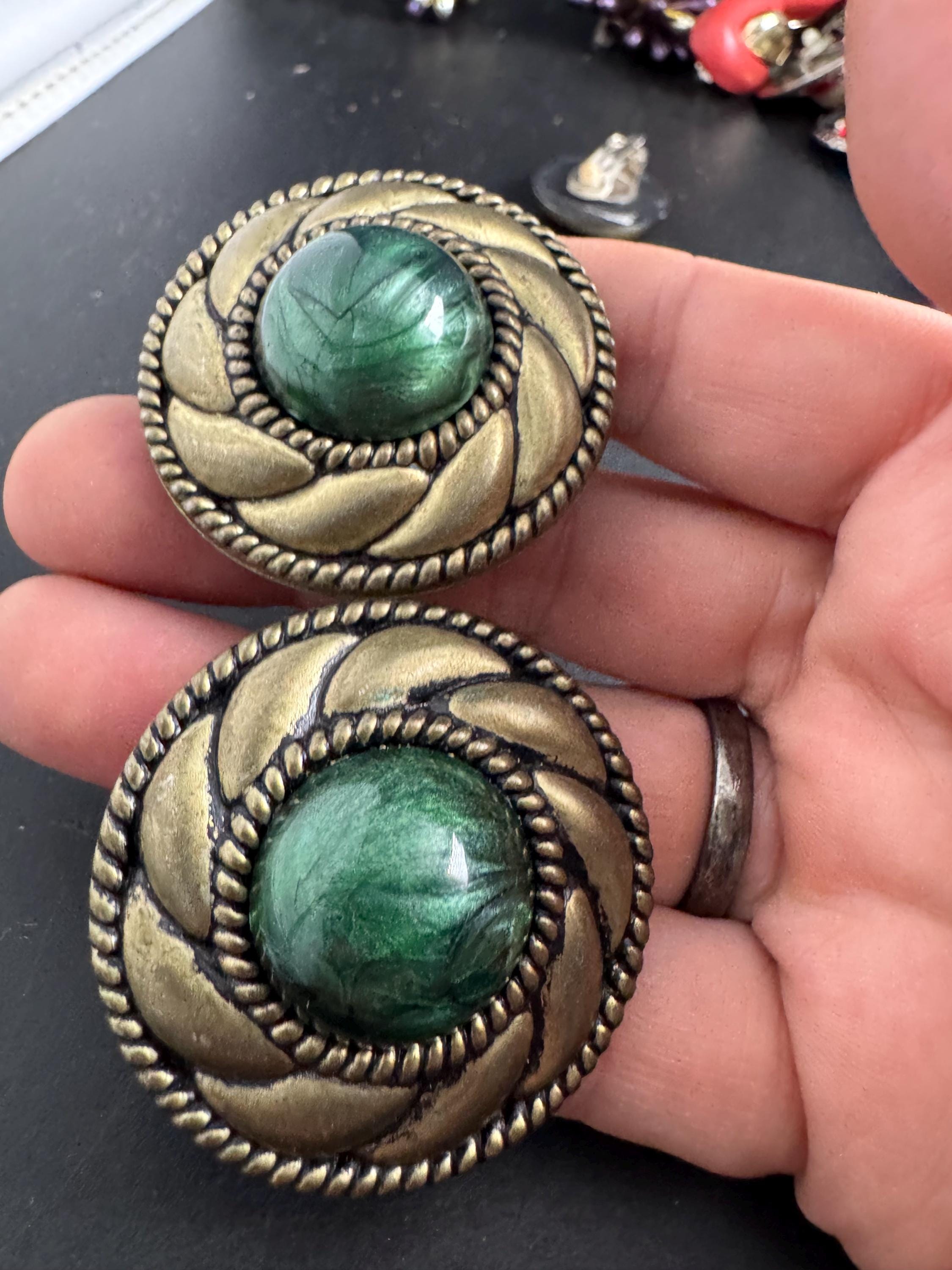 Big plastic Clip on earrings, dark forest green and gold disc design