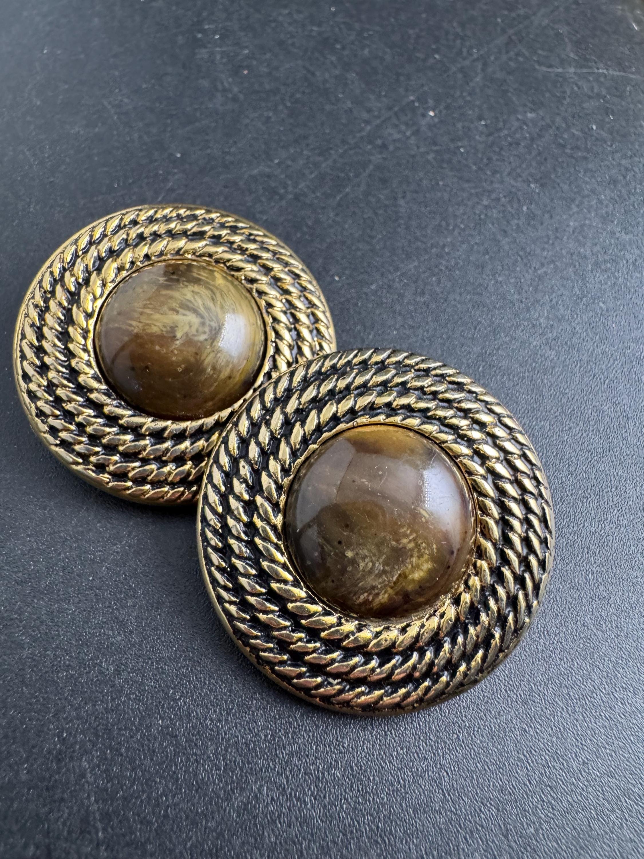 Big plastic Clip on earrings, khaki brown green and gold disc design