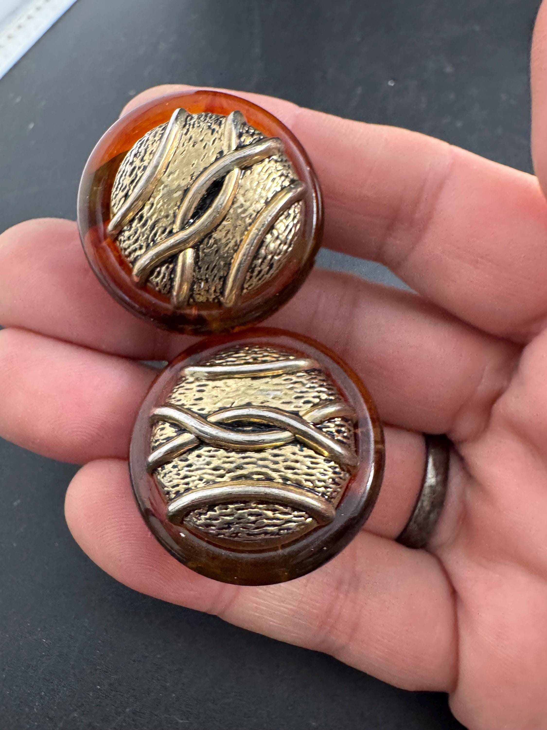 Brown plastic Clip on earrings, faux tortoiseshell and gold disc design